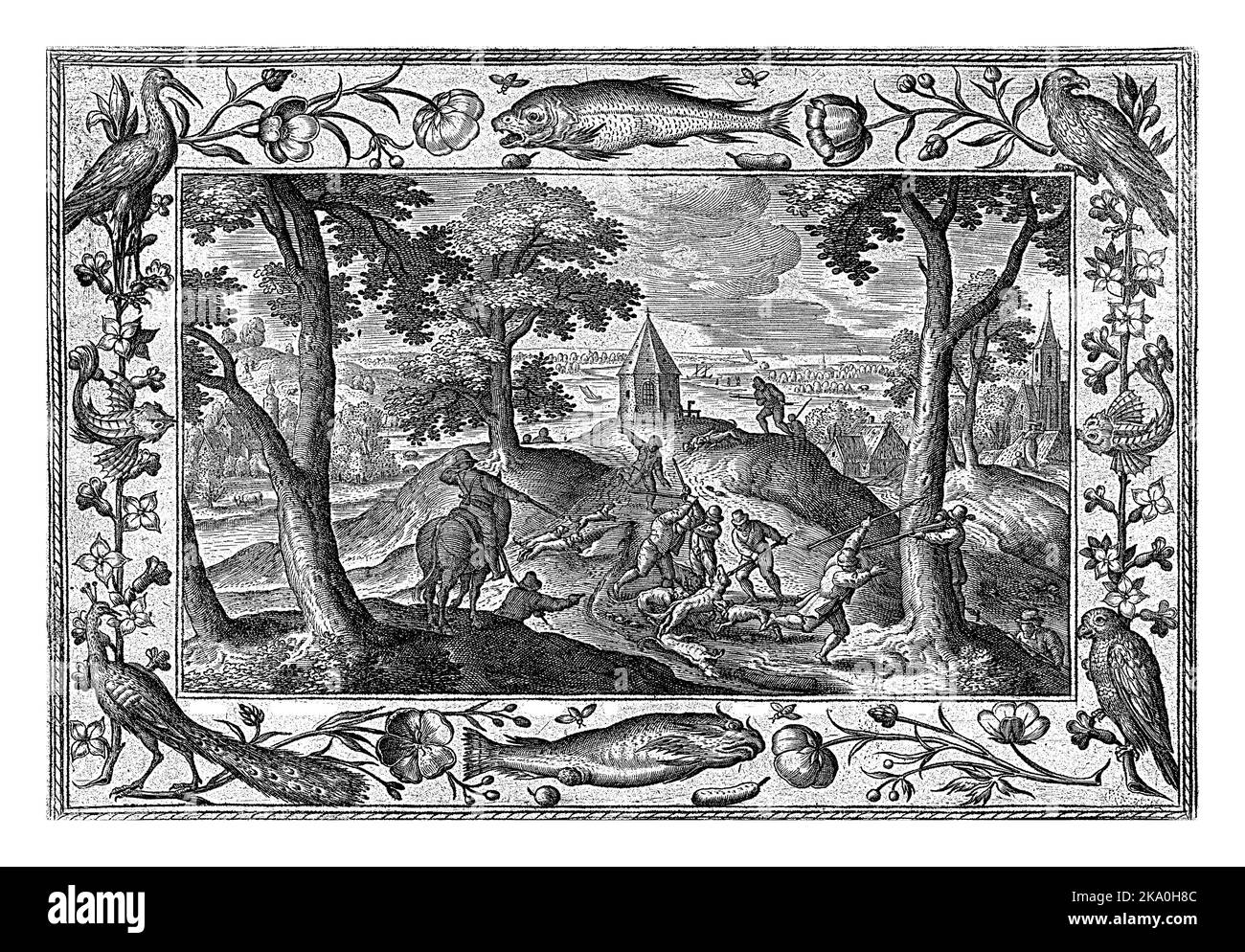 Forest landscape with wolf hunting. In the foreground, a wolf is killed by some hunters and their dogs. The print has an ornamental frame with flowers Stock Photo