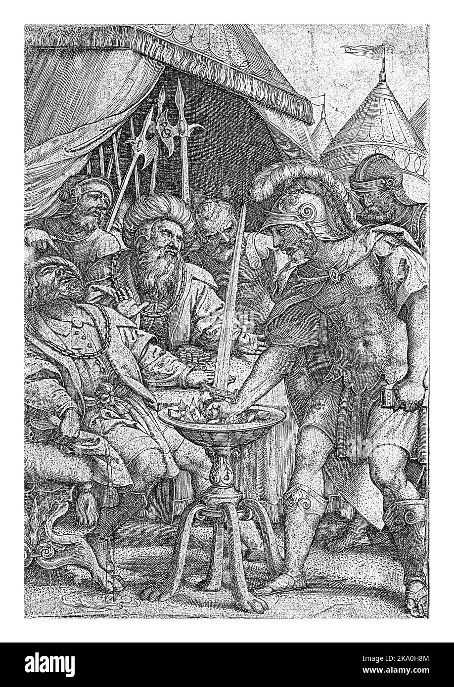 Mucius Scaevola puts right hand in fire, Georg Pencz, 1535 Mucius Scaevola accidentally kills the wrong man, Porsenna's secretary. Stock Photo