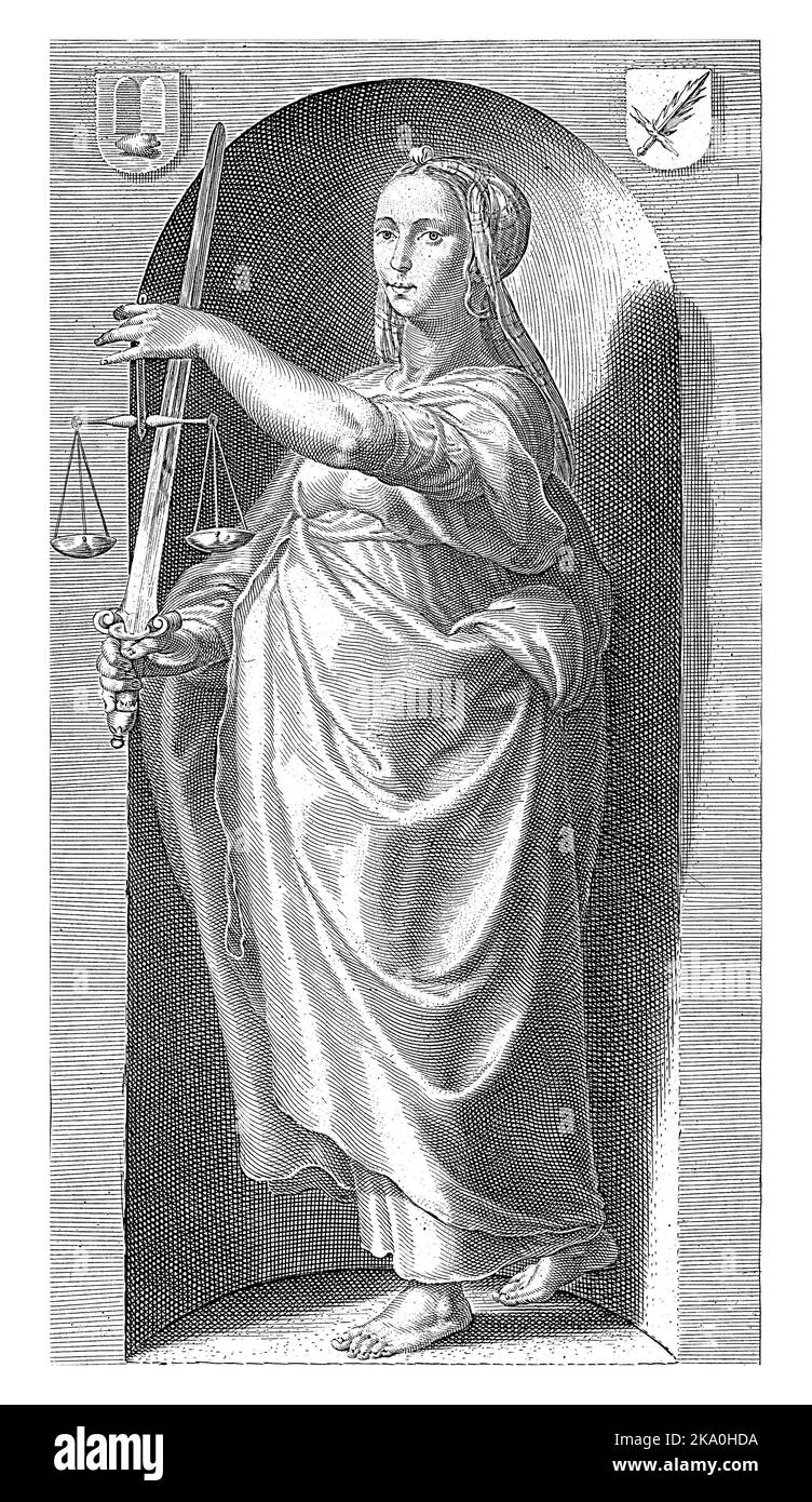 Personification of justice, with scales and sword, standing in niche. Stock Photo