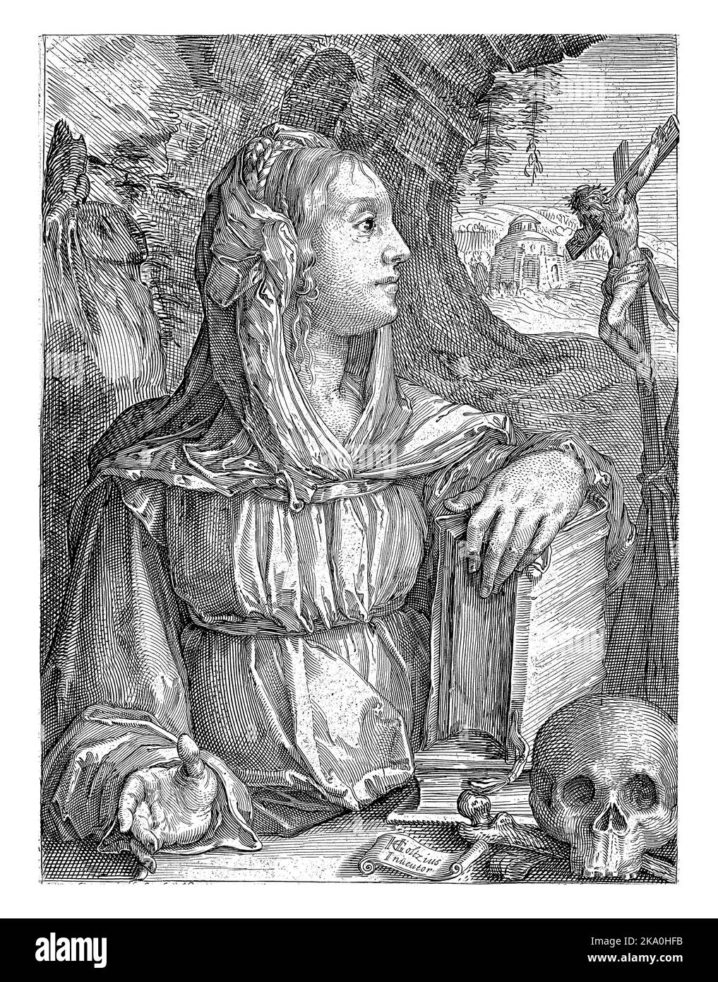 Penitent Mary Magdalene, in profile, looking at a crucifix next to her, her hand resting on a bible. A skull for her. Stock Photo
