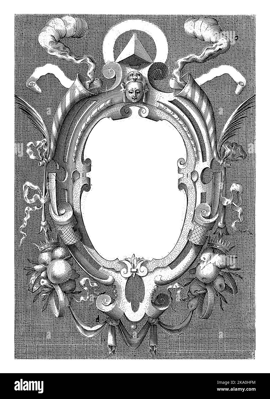 Cartouche within which the title, with a border of fruits and two horns from which plumes of smoke, crowned with the motto on banderole Stock Photo