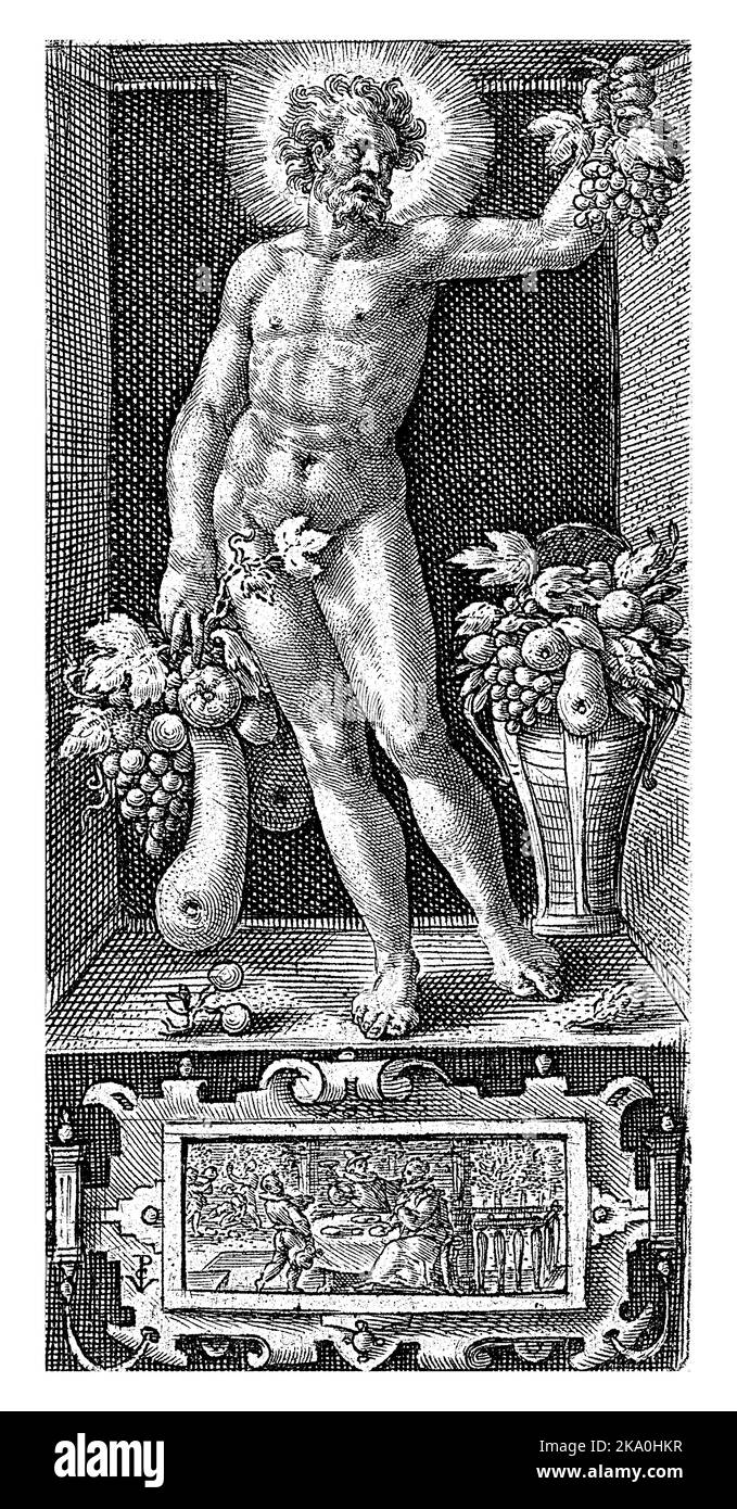 Afternoon, Crispijn van de Passe (I), 1574 - 1637 Niche with the male personification of the Afternoon. In his hand he holds a bunch of grapes. Stock Photo