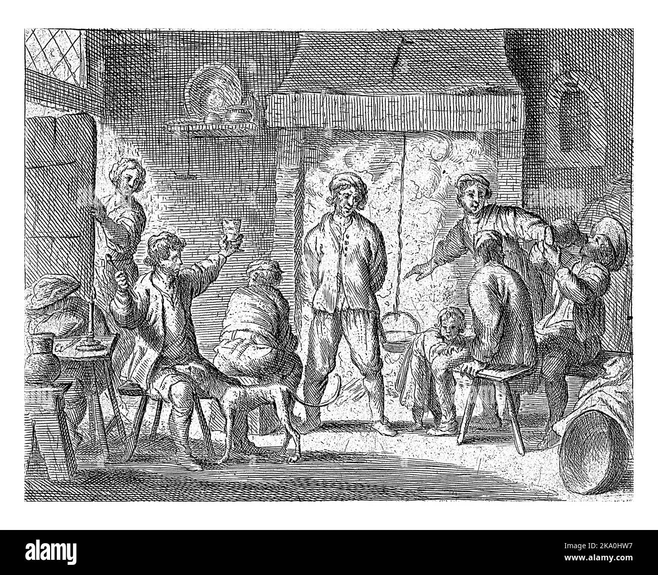 Farmers sit by a fireplace in an inn. One man raises his glass and