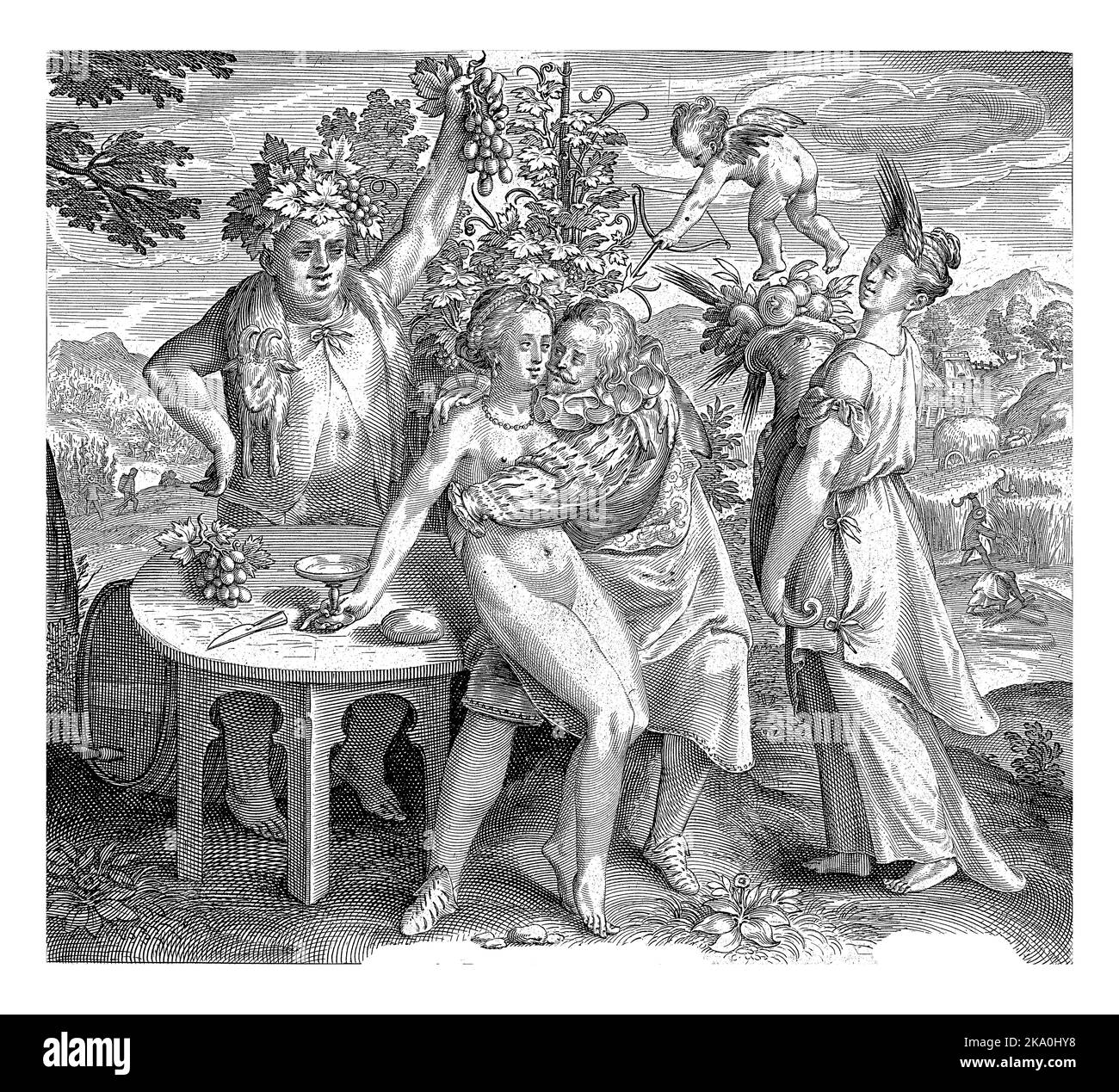 Man feeds love, here represented by the female personification Venus, with wine and bread. Bacchus stands behind the couple with bunches of grapes and Stock Photo