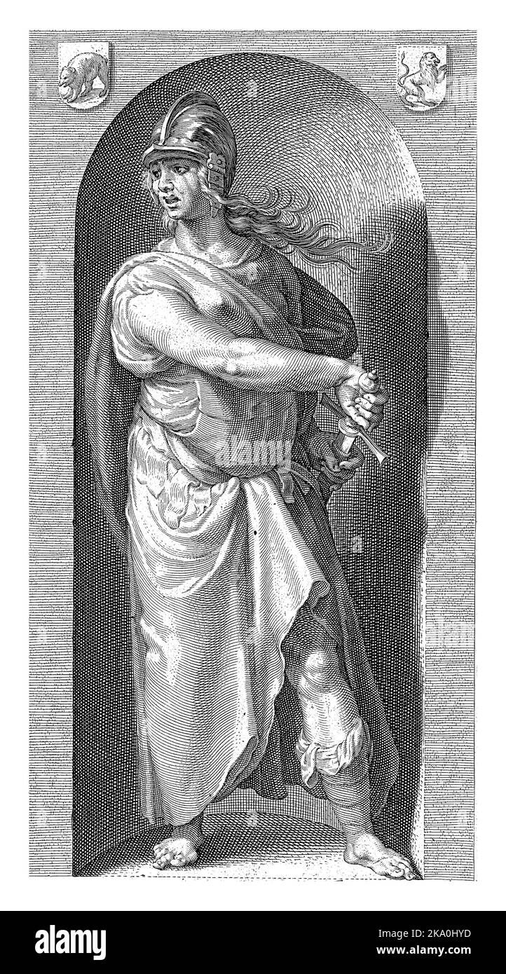 Personification of anger, depicted as a female figure with helmet and sword, standing in a niche. Stock Photo