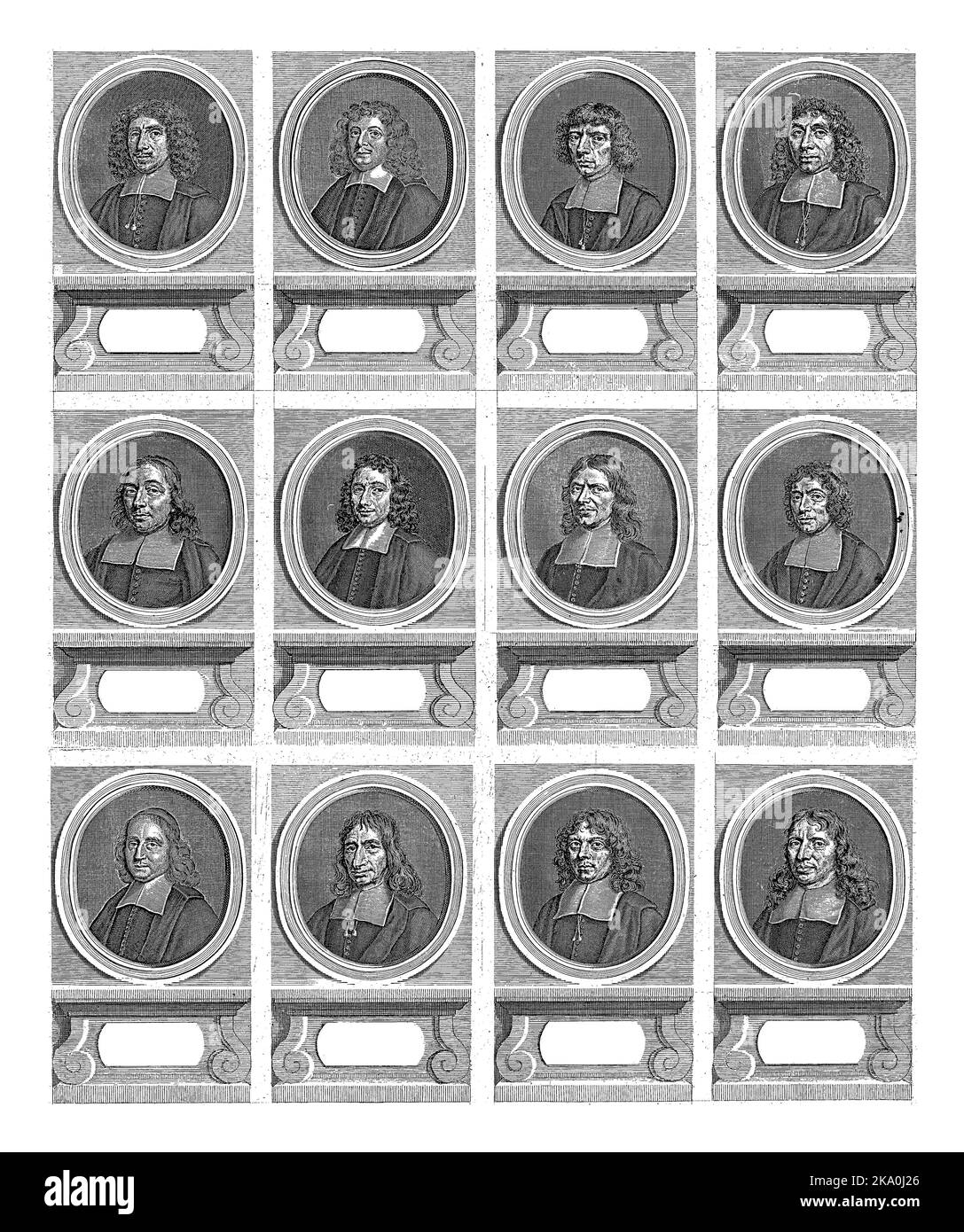 Right half with twelve portraits of the two-sheet portraits of twenty-four pastors of Amsterdam, who worked for the Reformed Church between 1681-1686. Stock Photo