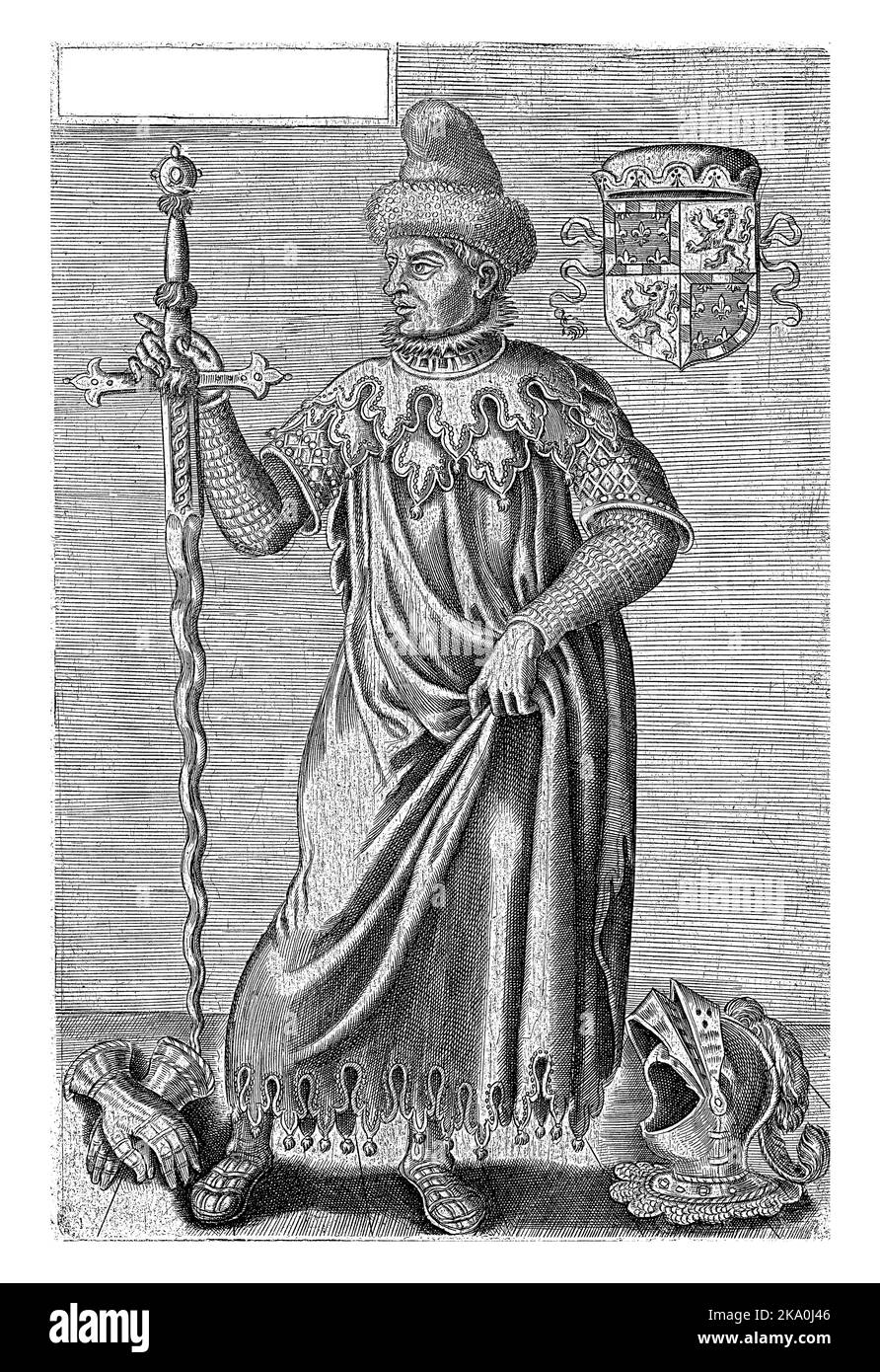 Full-length portrait of Jan IV, Duke of Brabant, his right hand resting on the hilt of a sword standing on the ground. Top right his weapon, on the gr Stock Photo