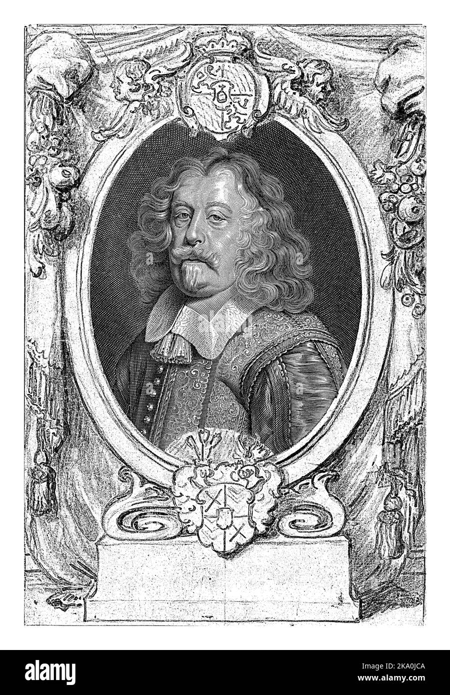 Bust portrait of Maximilian Kurtz von Senftenau. The portrait is set in an oval frame drawn in sepia and black ink with the coat of arms of the person Stock Photo
