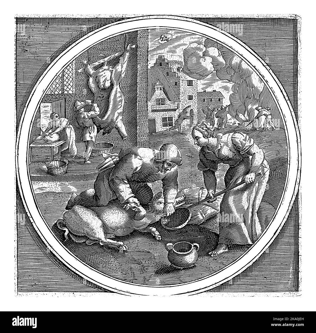 The month of November: a man and woman slaughtering a pig. In the background a man boning a pig. In the middle above the sign of the zodiac that corre Stock Photo