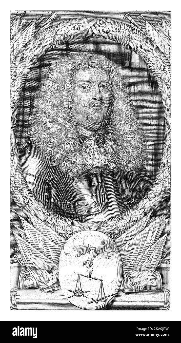 Portrait of an unknown man in armor, a large wig that hangs down to the shoulders and a lace tie. Stock Photo