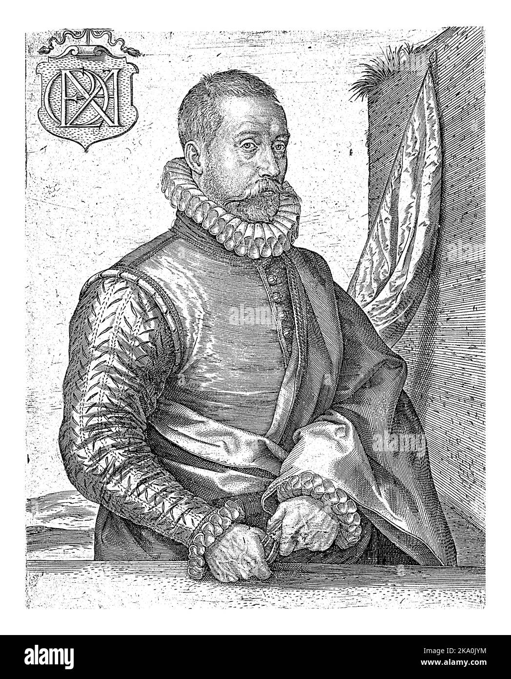 Portrait of a Man with a Banner, Johannes Wierix, 1559 - before 1620 Portrait of an unknown man. His banner is against the wall. Top left a coat of ar Stock Photo