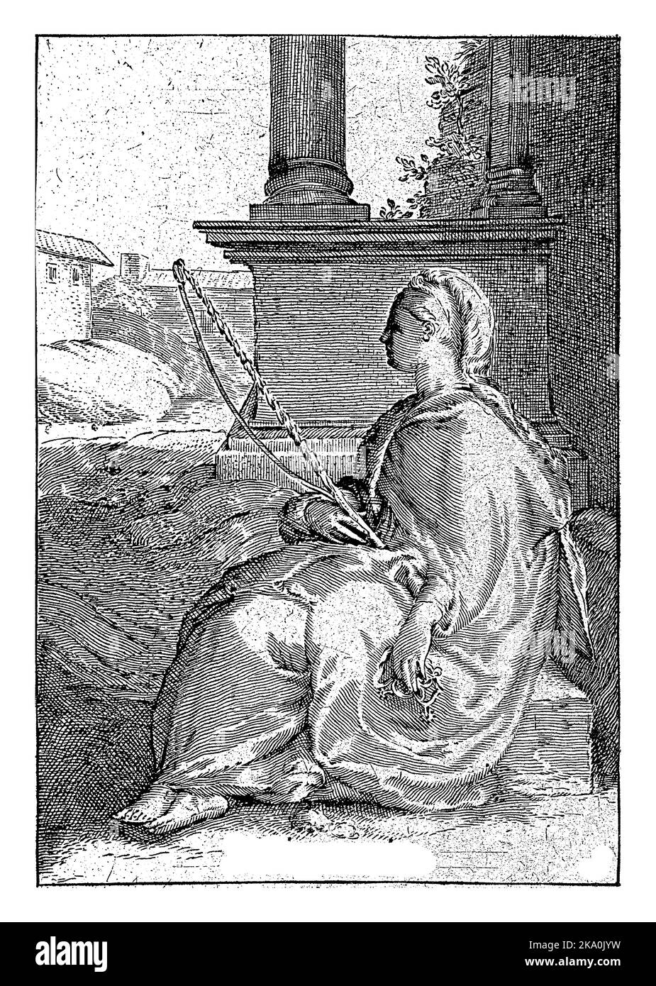 Industriousness, anonymous, after Jan Saenredam, after Hendrick Goltzius, 1601 - 1652 The personification of industriousness sits next to a building a Stock Photo