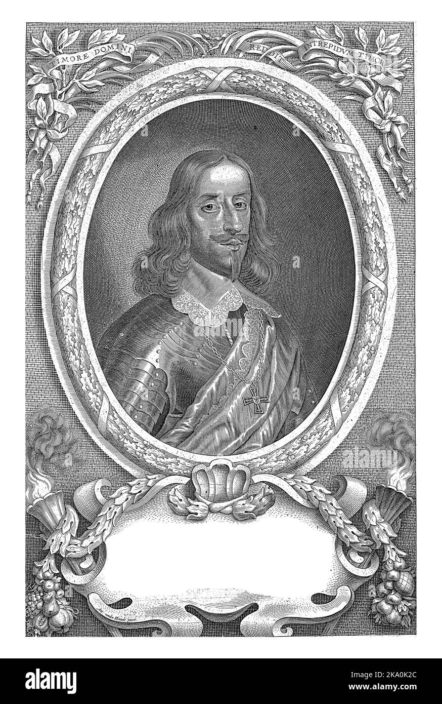 Portrait of Archduke Leopold William of Austria, Governor of the Southern Netherlands, in oval frame with olive and palm branches and burning torches. Stock Photo
