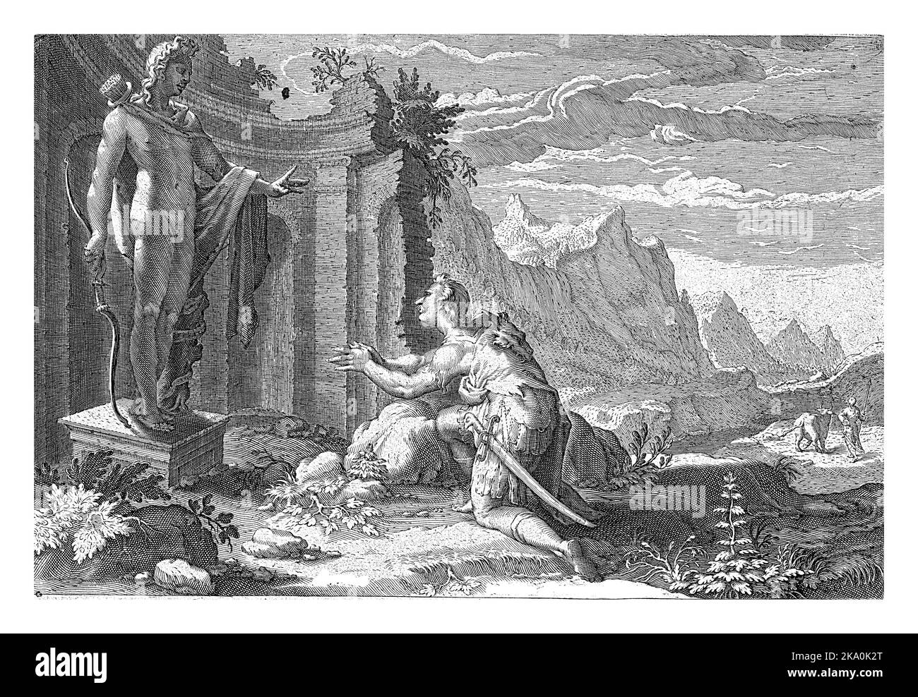Cadmus, like his brothers sent by his father to search for his sister Europa, asks the oracle of Delphi what to do now that he has not been able to fi Stock Photo