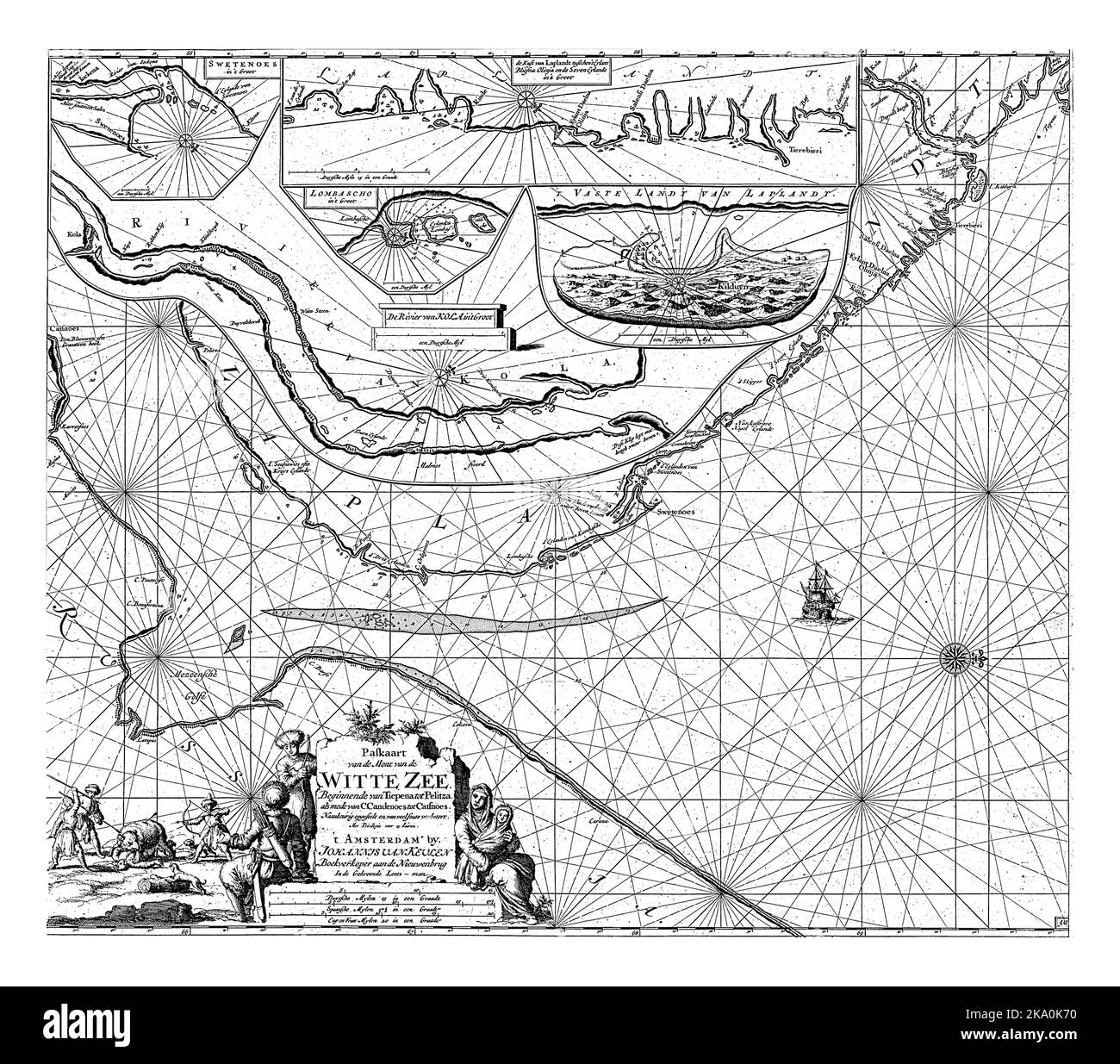 Passport map of part of the coast of the Kola in Russia, with four inset maps of Swyatoi Nos and part of the coast of Lapland, the Lumbovski Bay, the Stock Photo