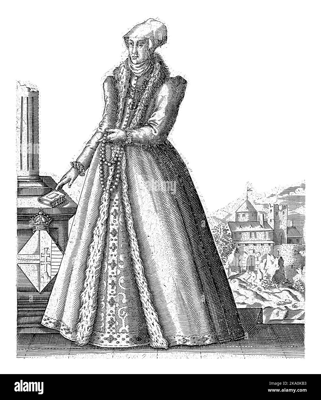 Portrait of Mary of Hungary, regent of the Netherlands, She stands at the plinth of a column, on which lies a small book. Stock Photo