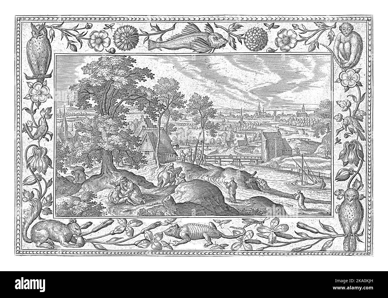 River landscape depicting the parable of the Good Samaritan. In the