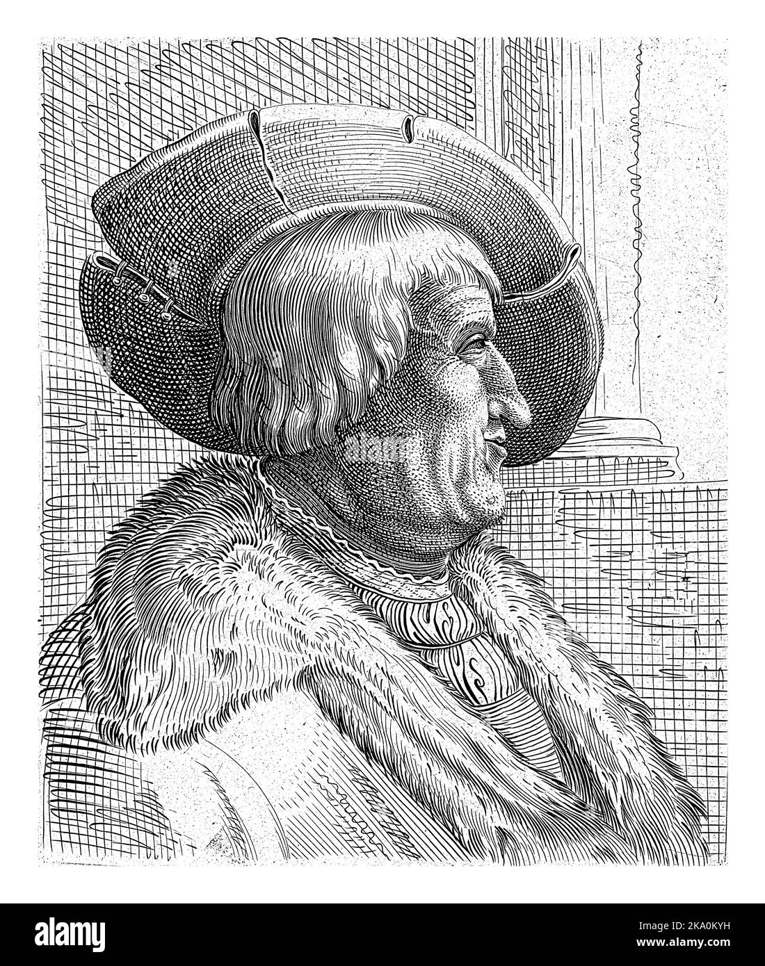 Profile portrait of an old man wearing a hat, anonymous, after Hendrick Goltzius, 1601 - 1652 Fantasy portrait in profile of an old man wearing a hat Stock Photo