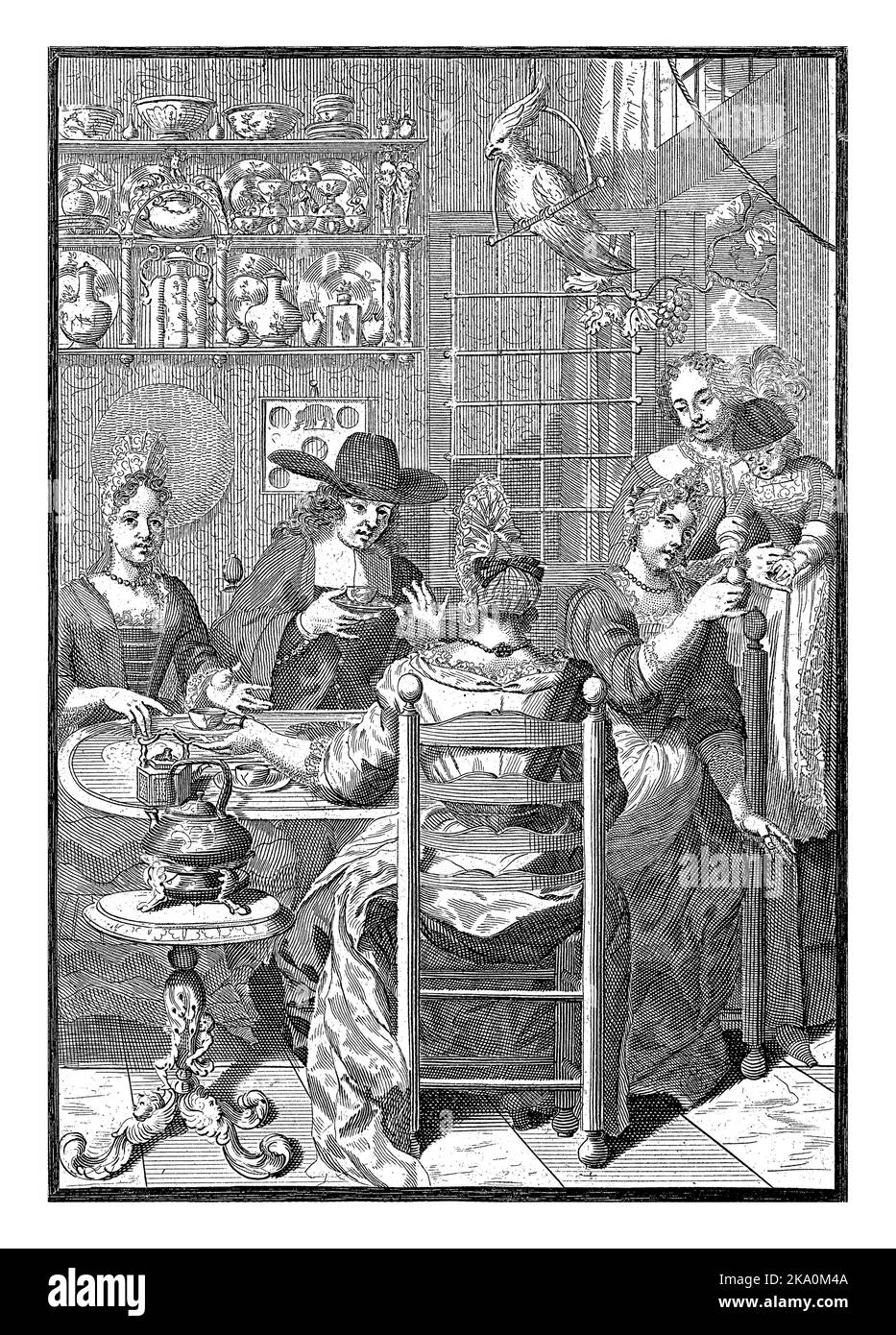In a Dutch room, a company of three ladies and a gentleman is sitting around a table having tea. To the right in the doorway is a nursemaid with a sma Stock Photo