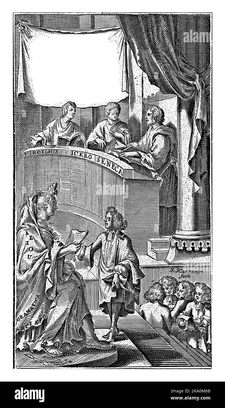 Virgilius, Cicero and Seneca at Grammar with pupils, Jacobus Harrewijn, 1694 On a podium sits the personification of Grammar, with young pupils at his Stock Photo