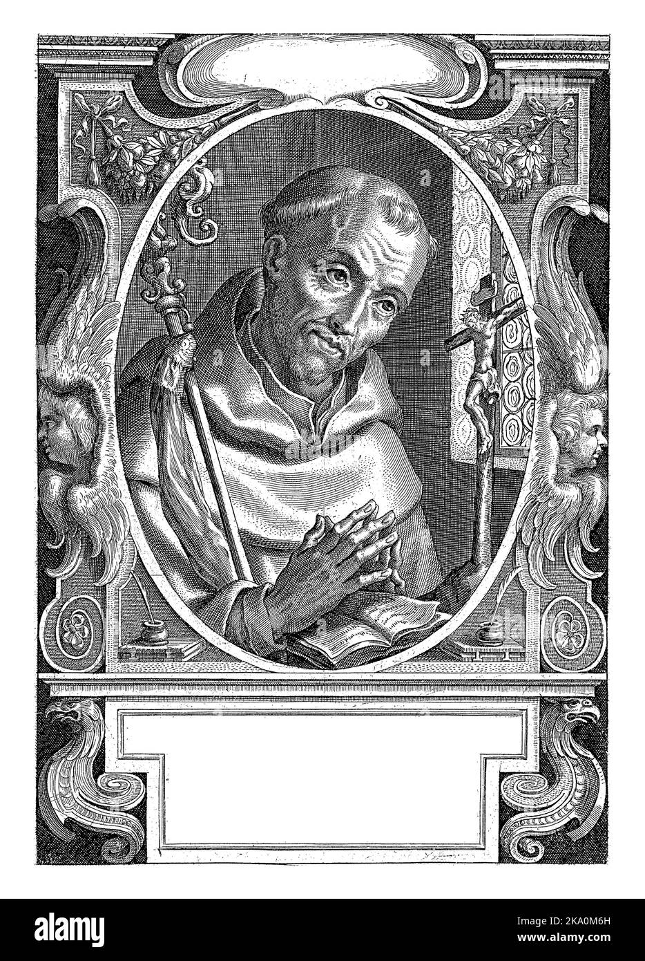 Saint Bernard of Claivaux, founder of the Cistercian Order, in prayer, hands folded over a book. Below the portrait a cartouche with a short Latin tex Stock Photo