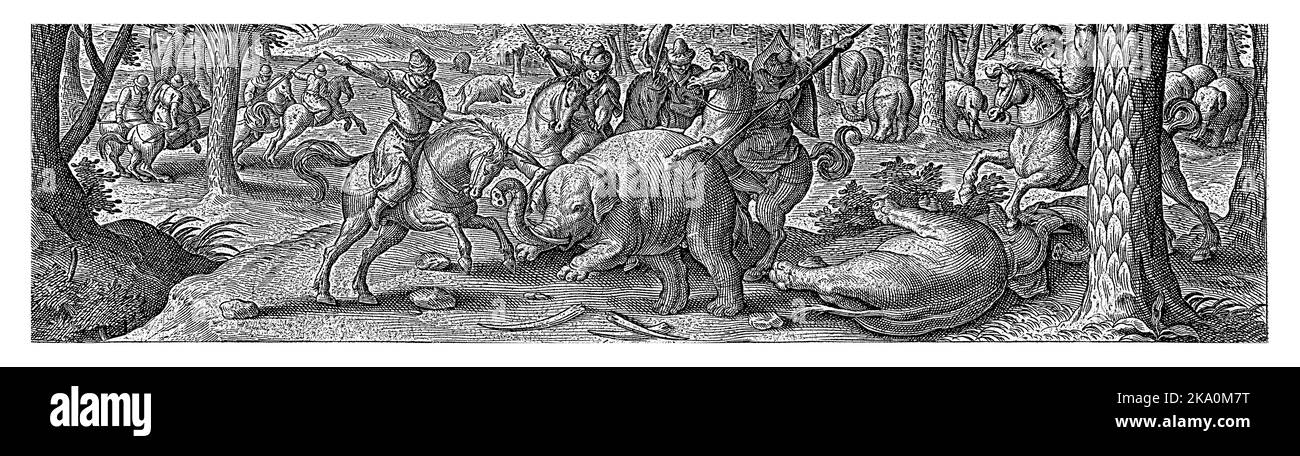 Some horsemen are chasing a herd of elephants with spears. The print has a Latin caption and is part of a series of 54 prints. Stock Photo