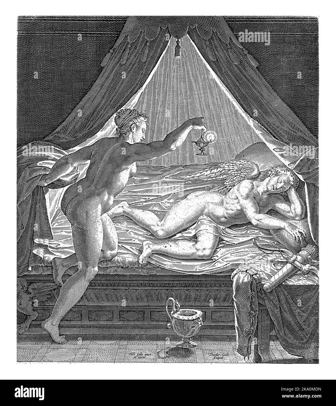 Psyche watches the god Amor in his sleep. She has an oil lamp in her hands. The print has a Latin caption. Stock Photo