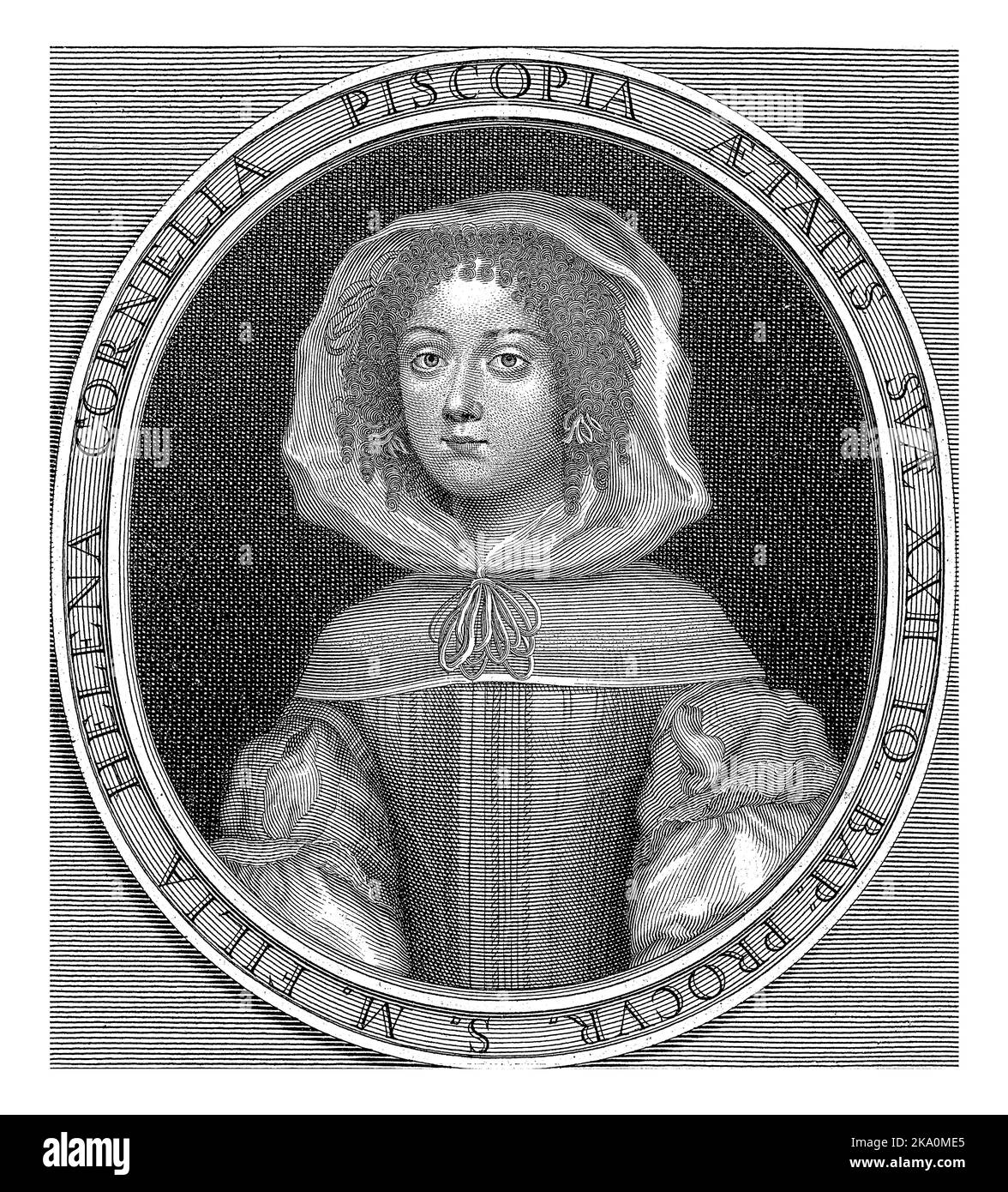 Portrait of the philosopher and mathematician Elena Lucrezia Cornaro Piscopia at the age of 22. Under her portrait are four eulogies in Latin and Gree Stock Photo