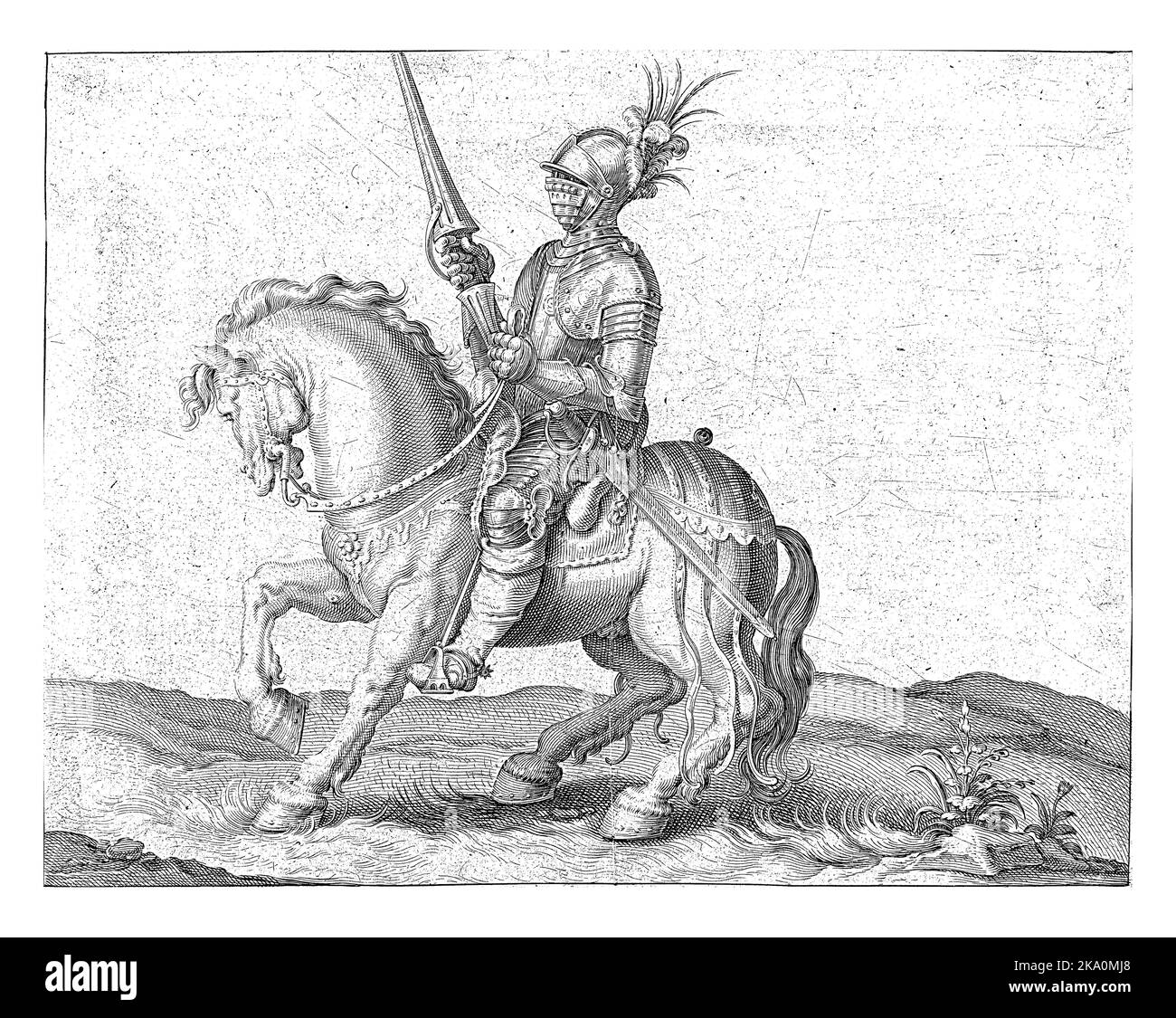 A man in armor on horseback, riding to the left, with his visor closed