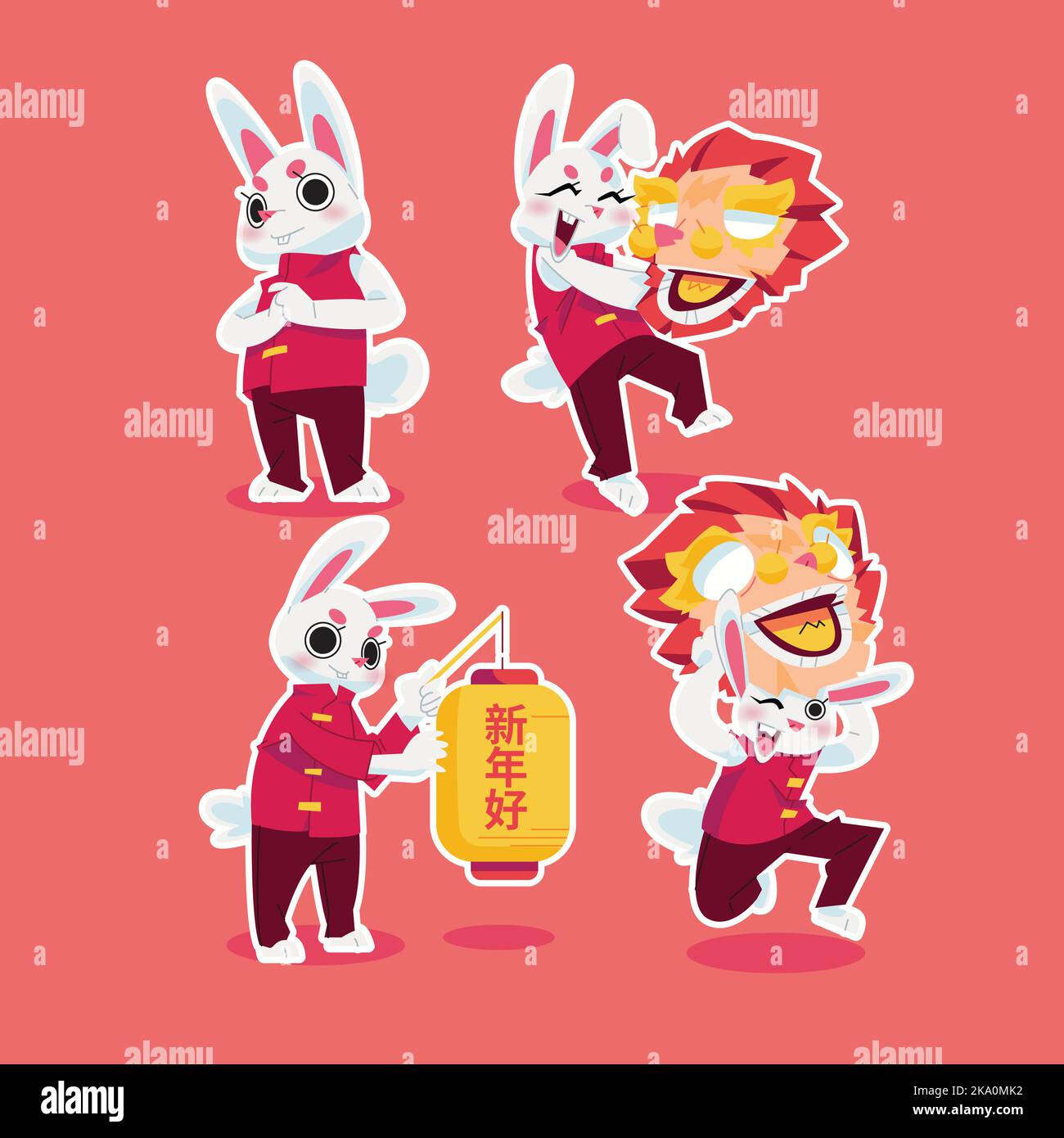Chinese new year Rabbit character lion dance and lanterns in flat design, Letters 新年好  means 'Happy Lunar New Year' Stock Vector