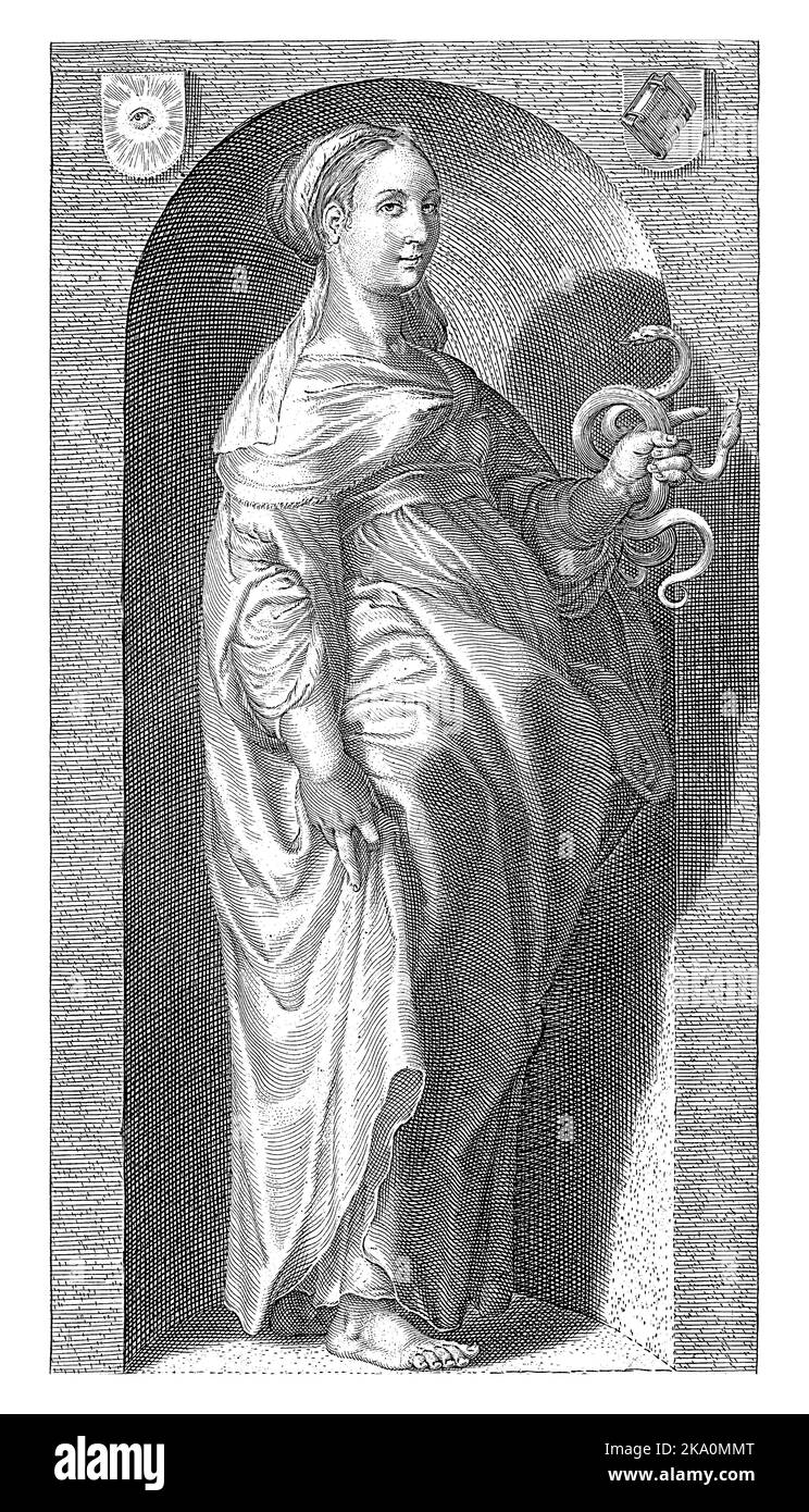 Personification of Prudence, holding two snakes in her hand, standing in niche. Stock Photo