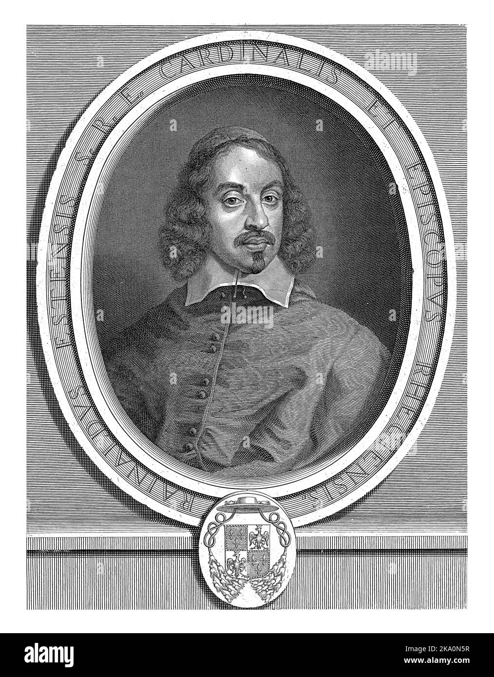 Portrait of Rinaldo d'Este (1618-1672), Cardinal of Reggio Emilia. Below the portrait are coats of arms with a cardinal's hat with tassels. Stock Photo