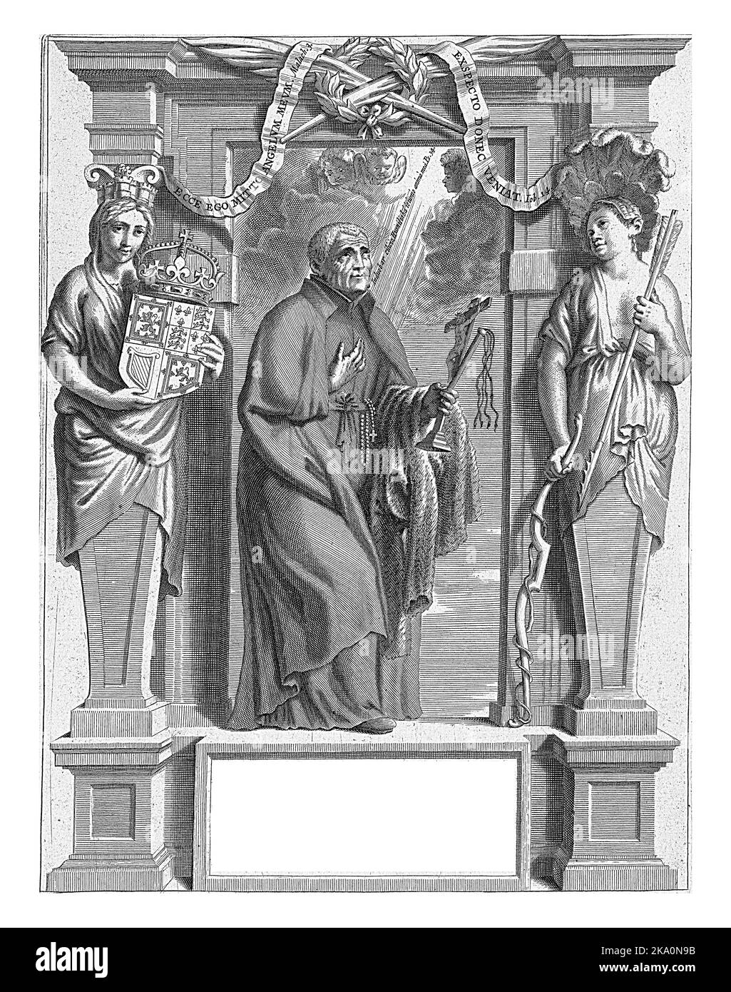 Joao de Almeida, standing, the right hand on his chest and in the other hand a scourge and a crucifix. Two caryatids on either side: Anglica on the le Stock Photo