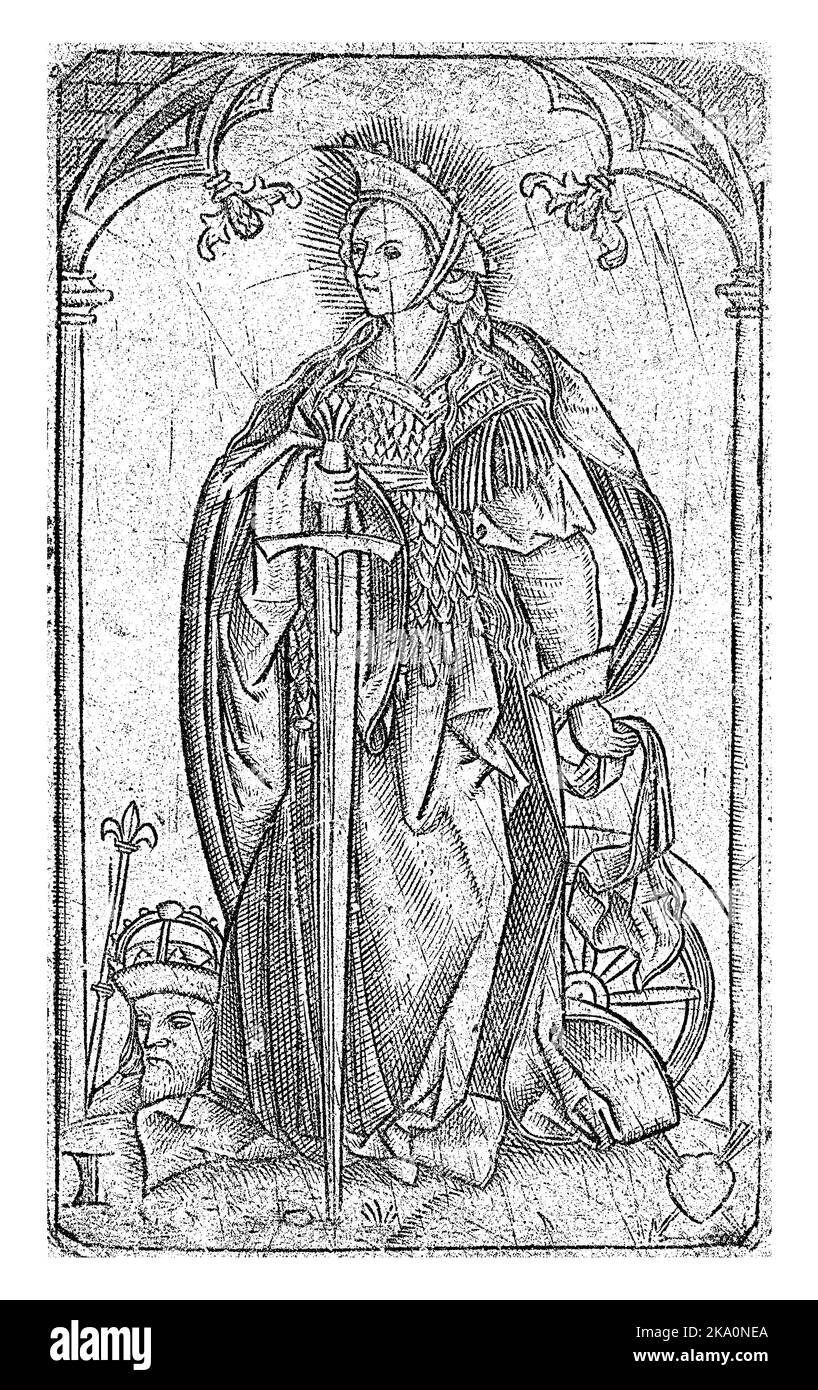 Saint Catherine of Alexandria, standing, rests with her right hand on a ...