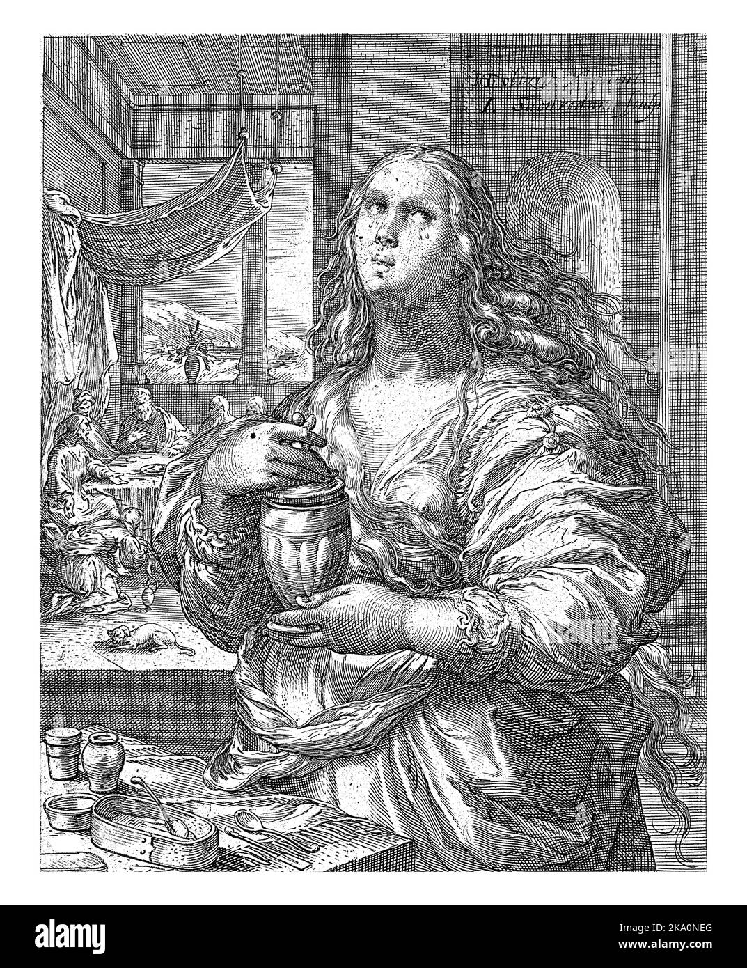 In the foreground Mary Magdalene, in her hand a jug with balsam oil. She is crying. Stock Photo