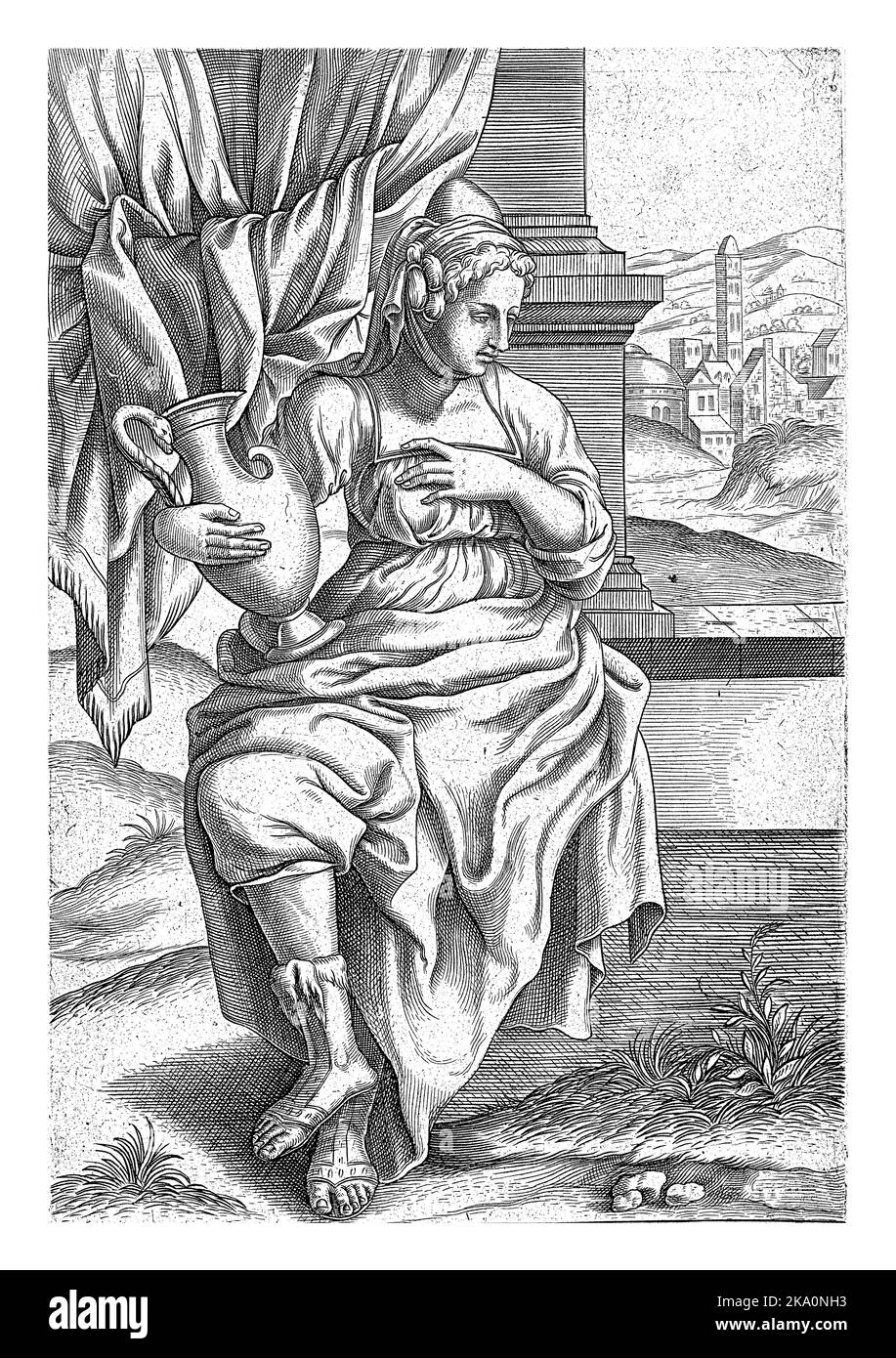 The Delphic Sibyl sitting with a pitcher in her right arm. In the background a curtain and a view of a city. The print is part of a ten-part series ab Stock Photo