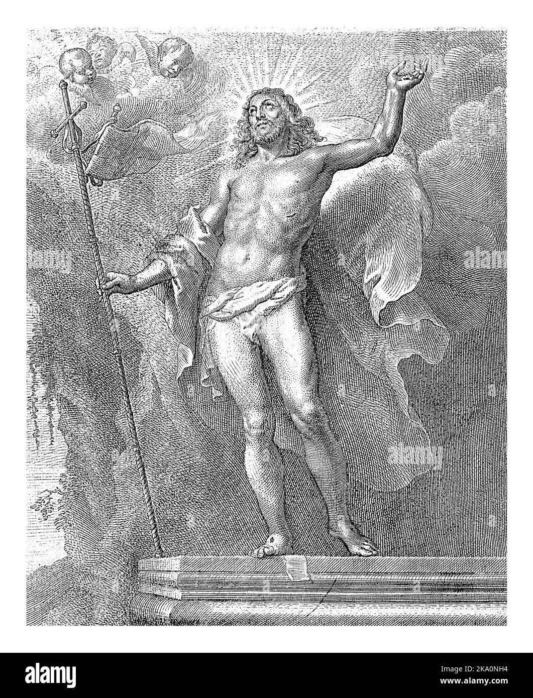Resurrection of Christ, anonymous, after Gaspar de Crayer, 1669 - 1678 The Risen Christ stands on his tomb. He looks up and holds a cross with a banne Stock Photo