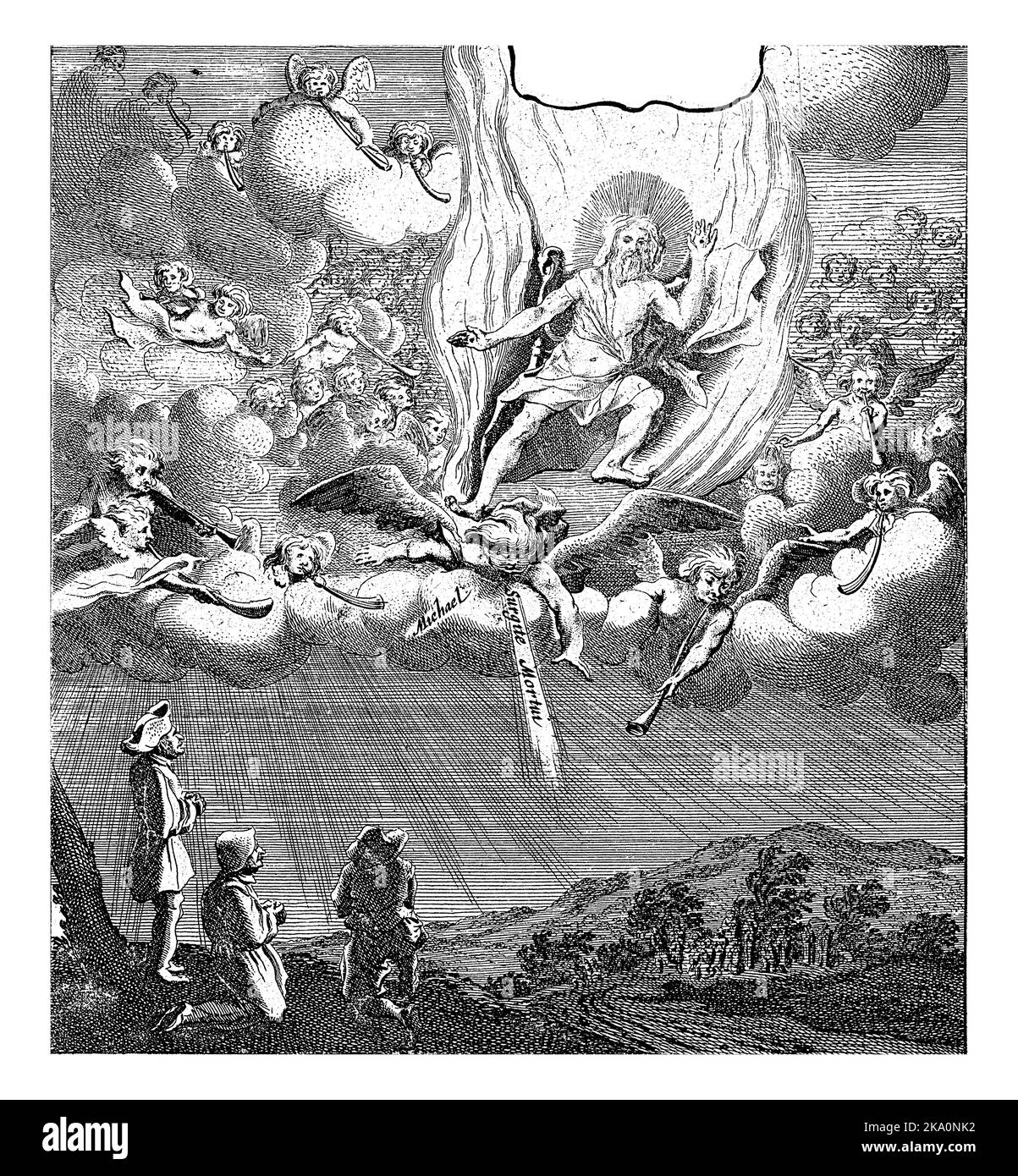 Christ appears in heaven amid a group of trumpeting angels, including the Archangel Michael. People watch from Earth. Stock Photo