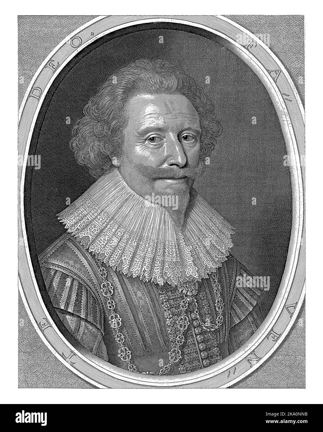 Portrait of Floris II, Count of Pallandt, bust with ruff and chain in oval frame with Latin motto. Four lines of Latin inscription in bottom margin. Stock Photo