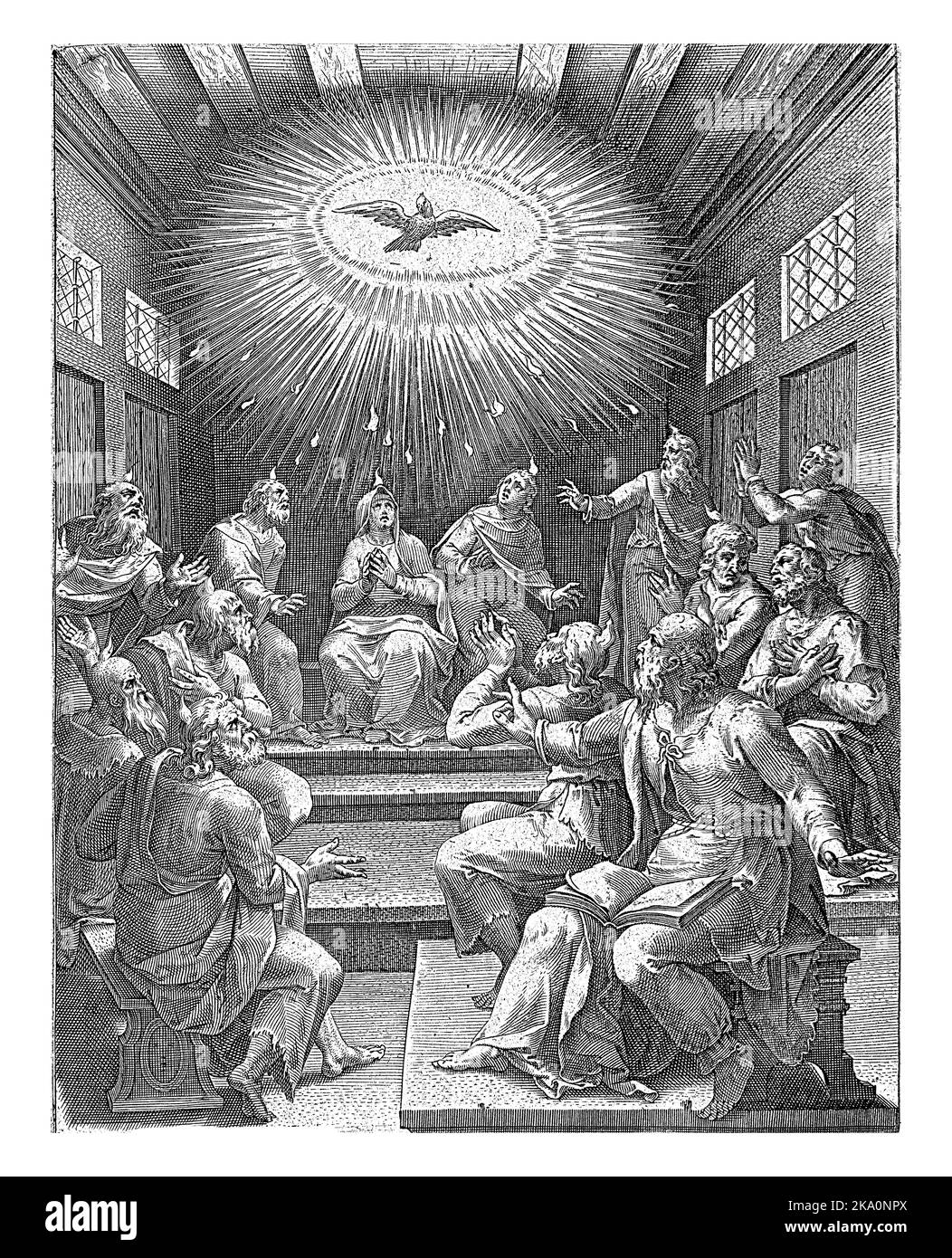 The apostles and Mary are seated in a rectangular room with a wooden ceiling. Above their heads a shower of fiery tongues and the Holy Spirit in the f Stock Photo