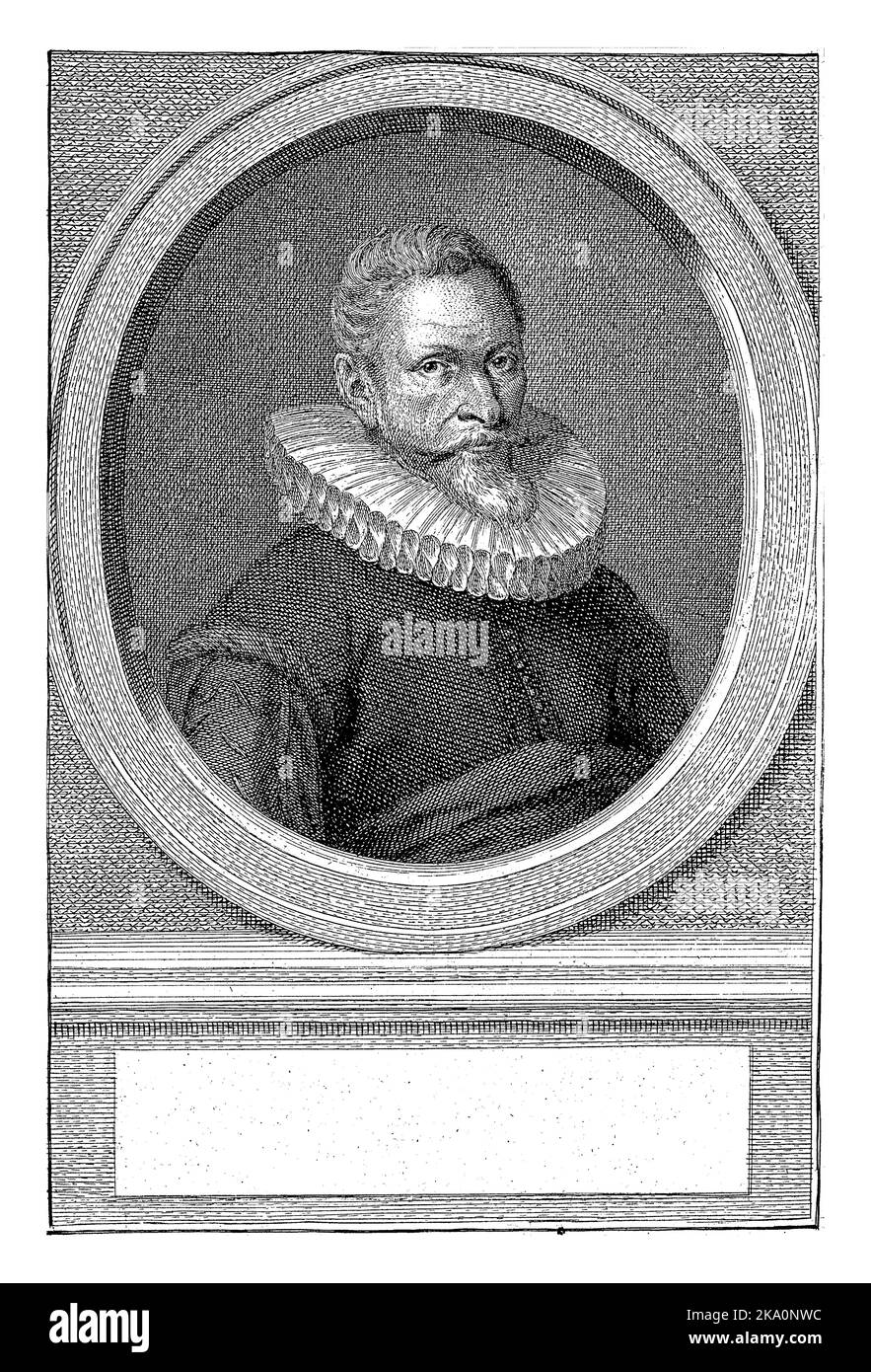 Portrait of the Amsterdam mayor and councilor Jacob Cornelisz Banjaert, called Van Neck, in an oval. The portrait rests on a plinth with an empty fiel Stock Photo