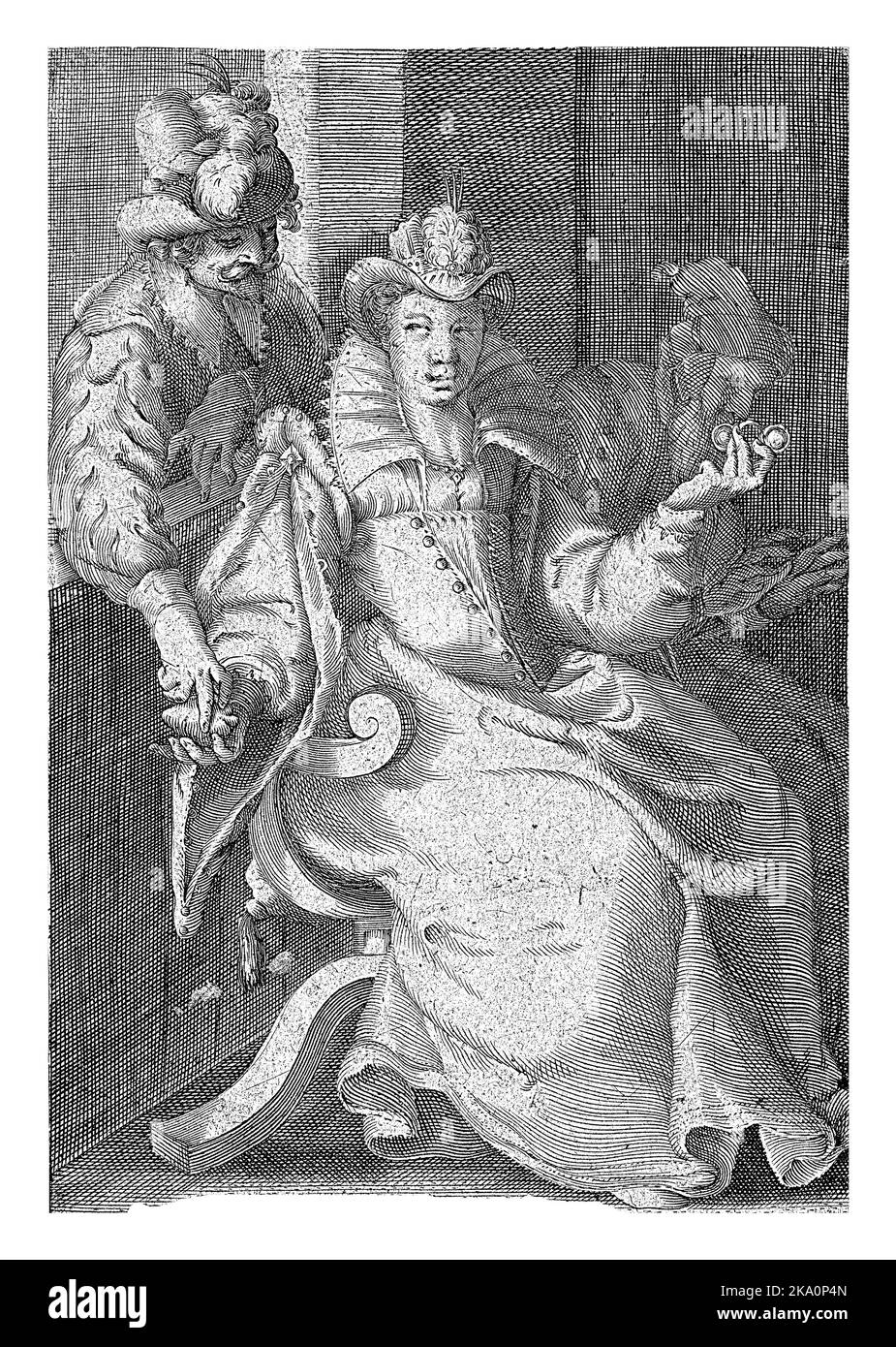 A richly dressed woman gives a heart to a young man, who looks in through the window on the left, while she hands her old man a pair of pince-nez with Stock Photo
