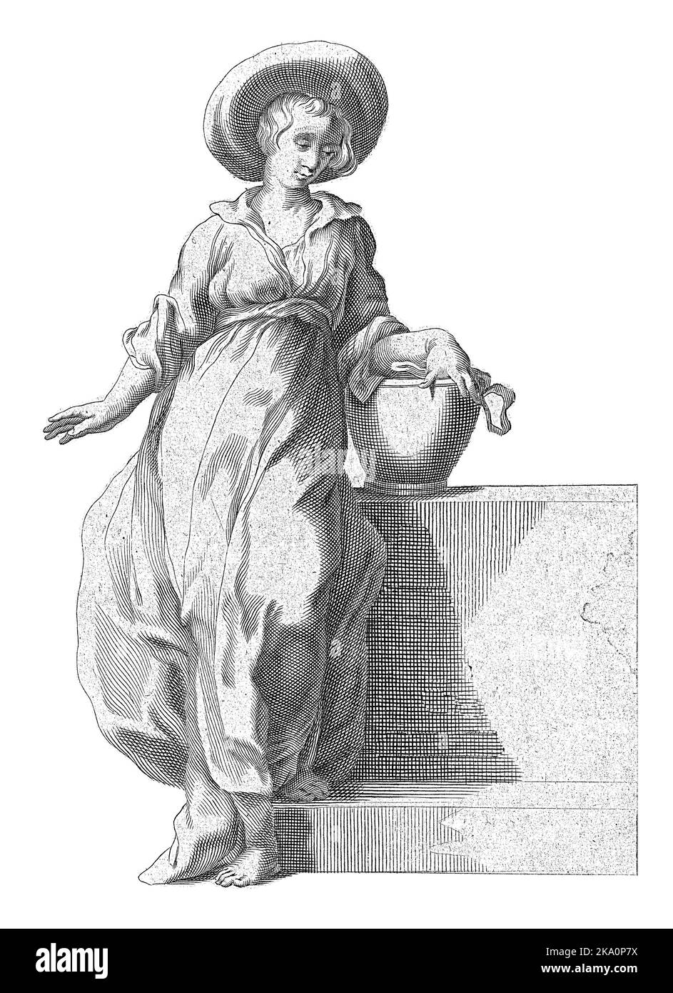 A woman leans against a low wall. Her right arm rests on a bucket. The same figure appears in a drawing of Christ and the Samaritan woman Stock Photo