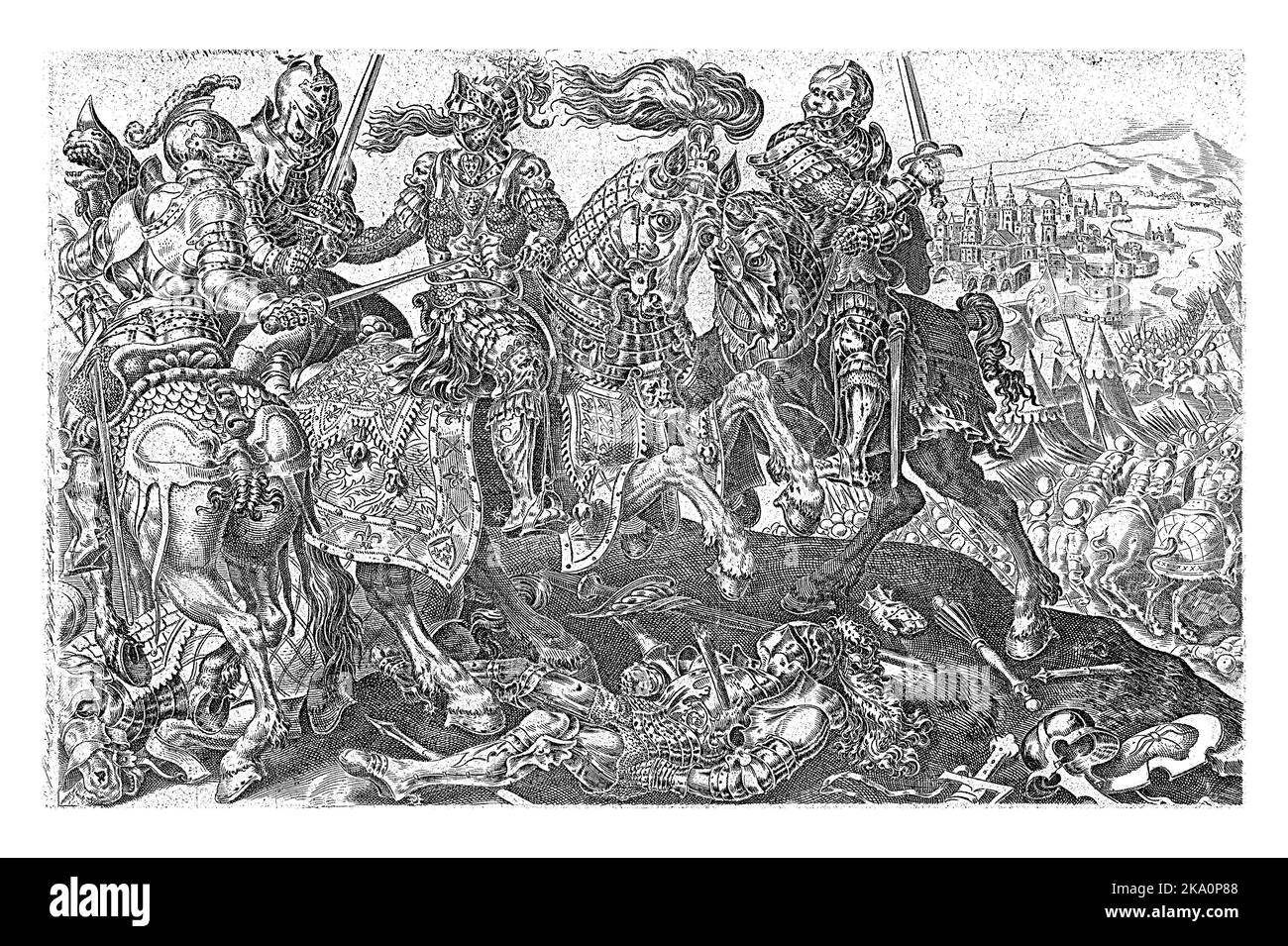 The capture of Francis I, king of France, during the battle of Pavia in 1525. The king on horseback is surrounded by three knights, also on horseback. Stock Photo