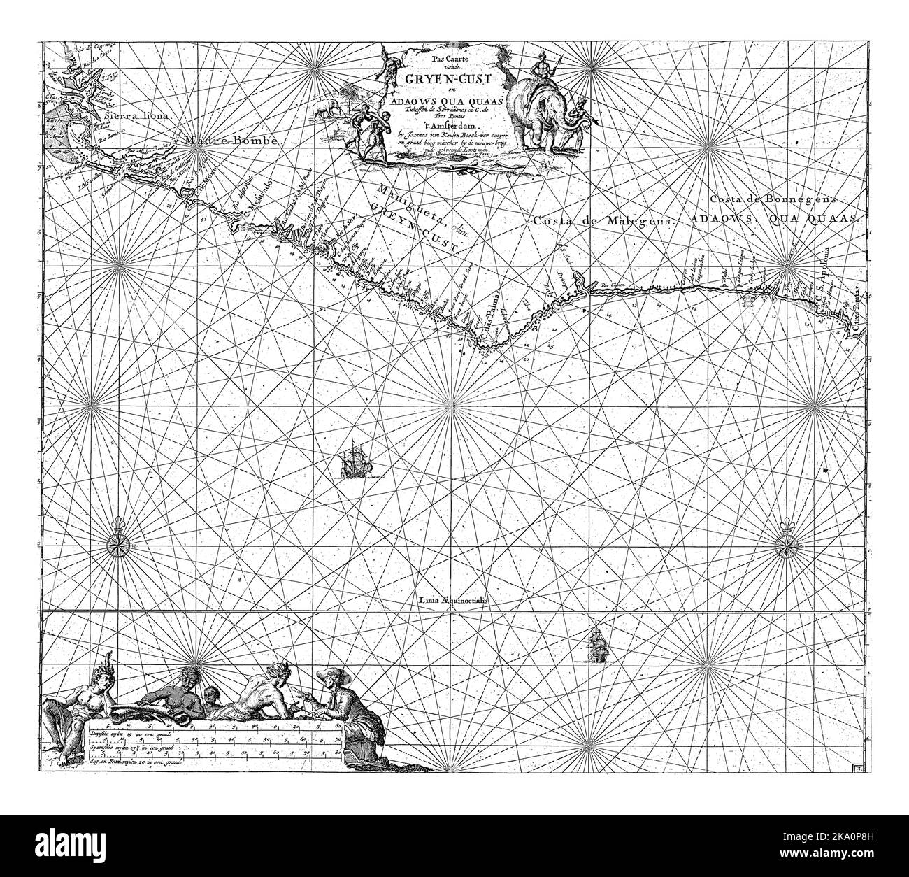 Passport map of the west coast of Africa, from Sierra Leone to Ghana, with Liberia and the Ivory Coast. The map contains two compass roses, North is o Stock Photo