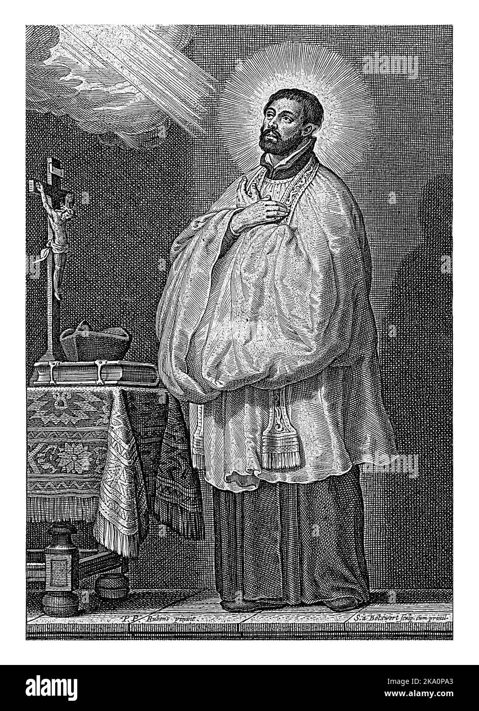 Saint Francis Xavier looks up to heaven in adoration. Below the