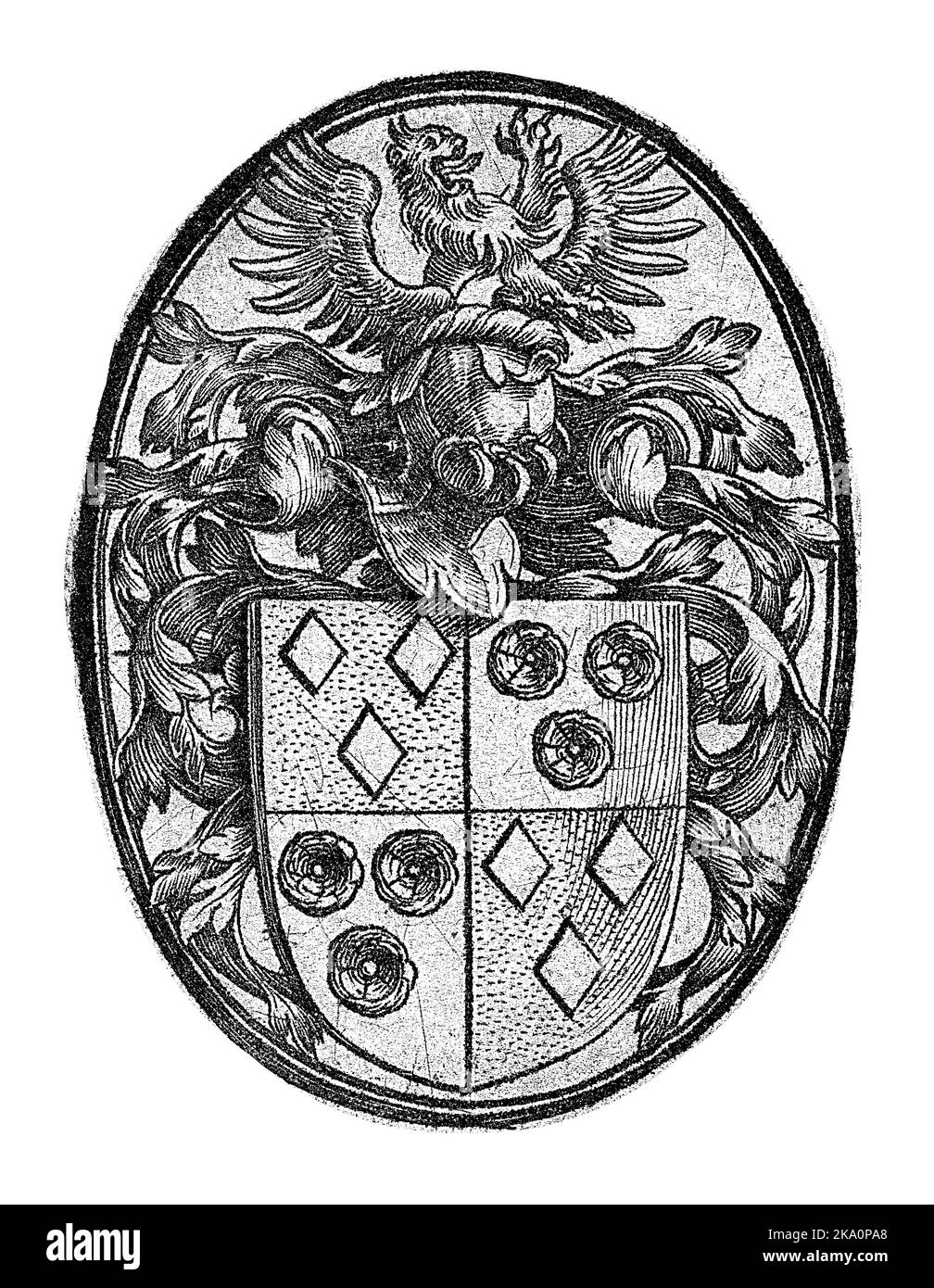 Coat of arms of the Van Heussen family from Haarlem (twice three diamonds and twice three rosettes) in oval. Belongs to a portrait of Jan van Heussen. Stock Photo