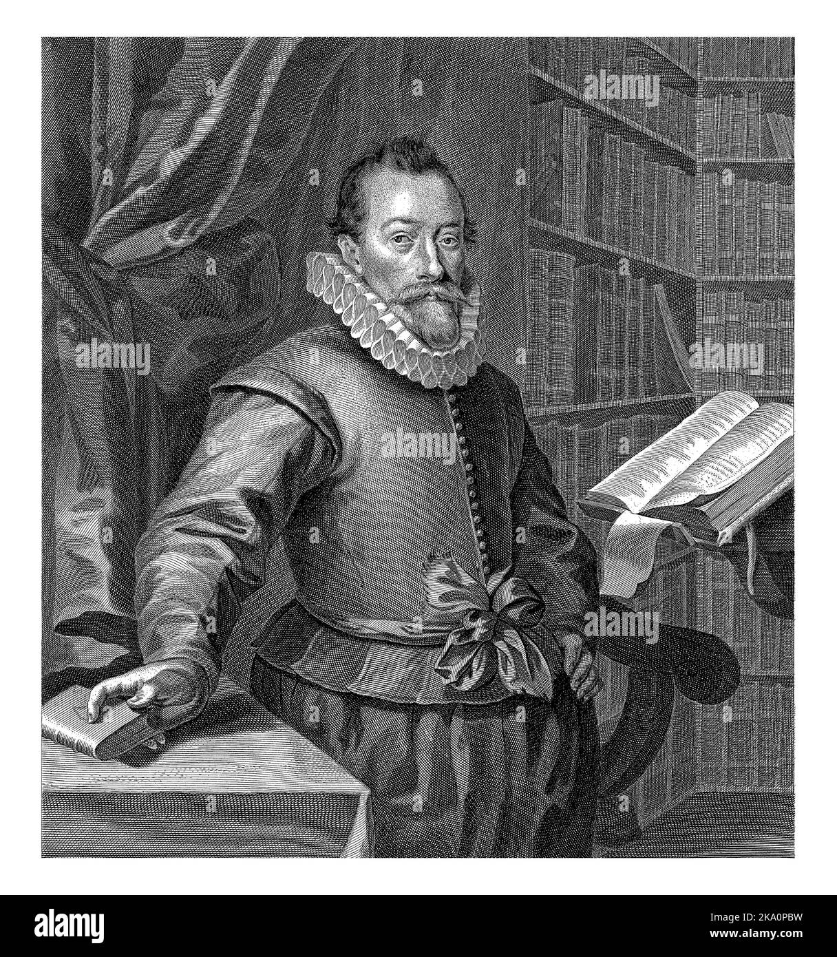 Portrait of Jacobus Taurinus, standing at a lectern in a library. Below the portrait is a verse of eight lines in Dutch. Stock Photo