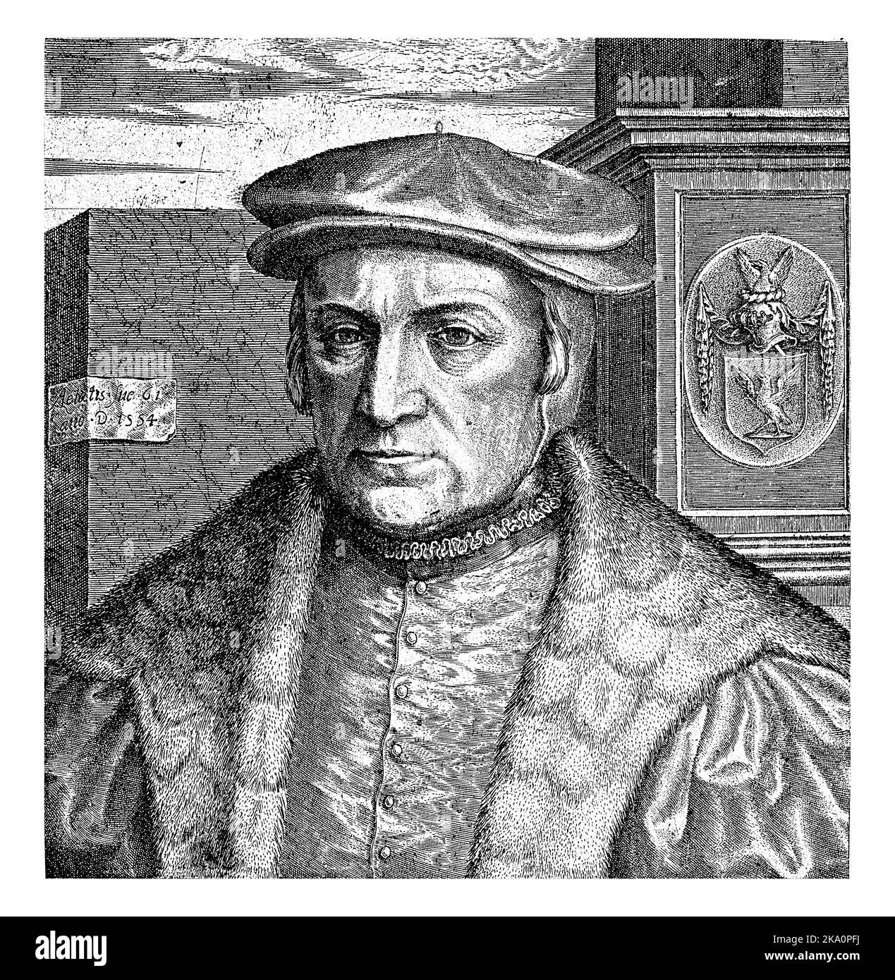 Portrait of Erasmus Schetz, Lord of Grobbendonck. In the right background a monument with his coat of arms. Stock Photo