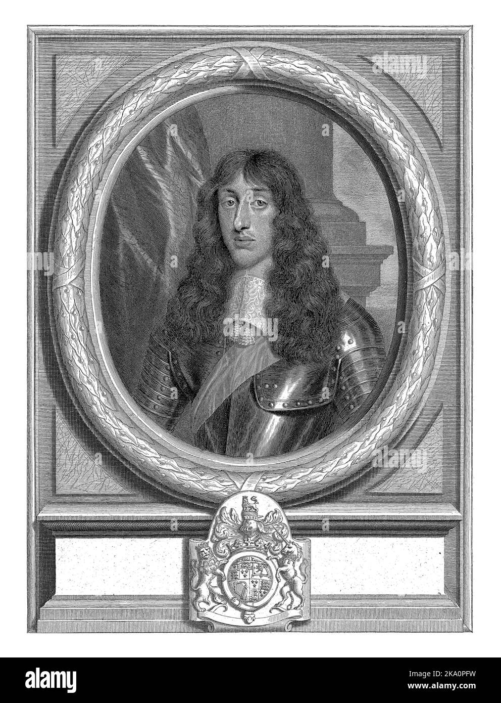 Portrait of Henry Stuart, Duke of Gloucester, bust-piece clad in armor in oval frame with laurel wreath. Base with coat of arms and Latin inscription. Stock Photo